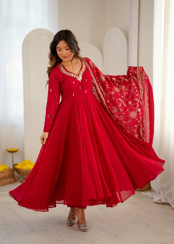 Elegant red Anarkali suit with embroidered dupatta