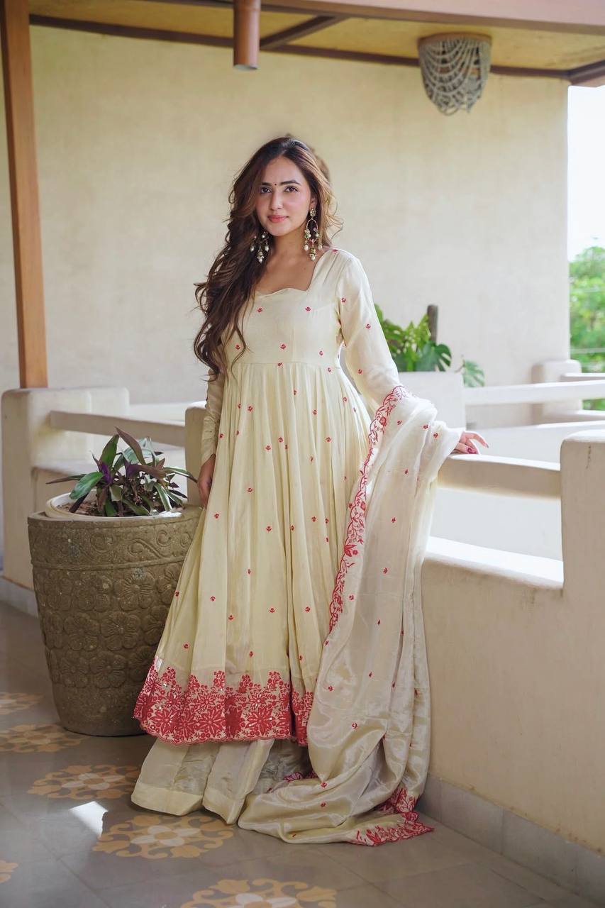 Elegant ivory anarkali suit with embroidery