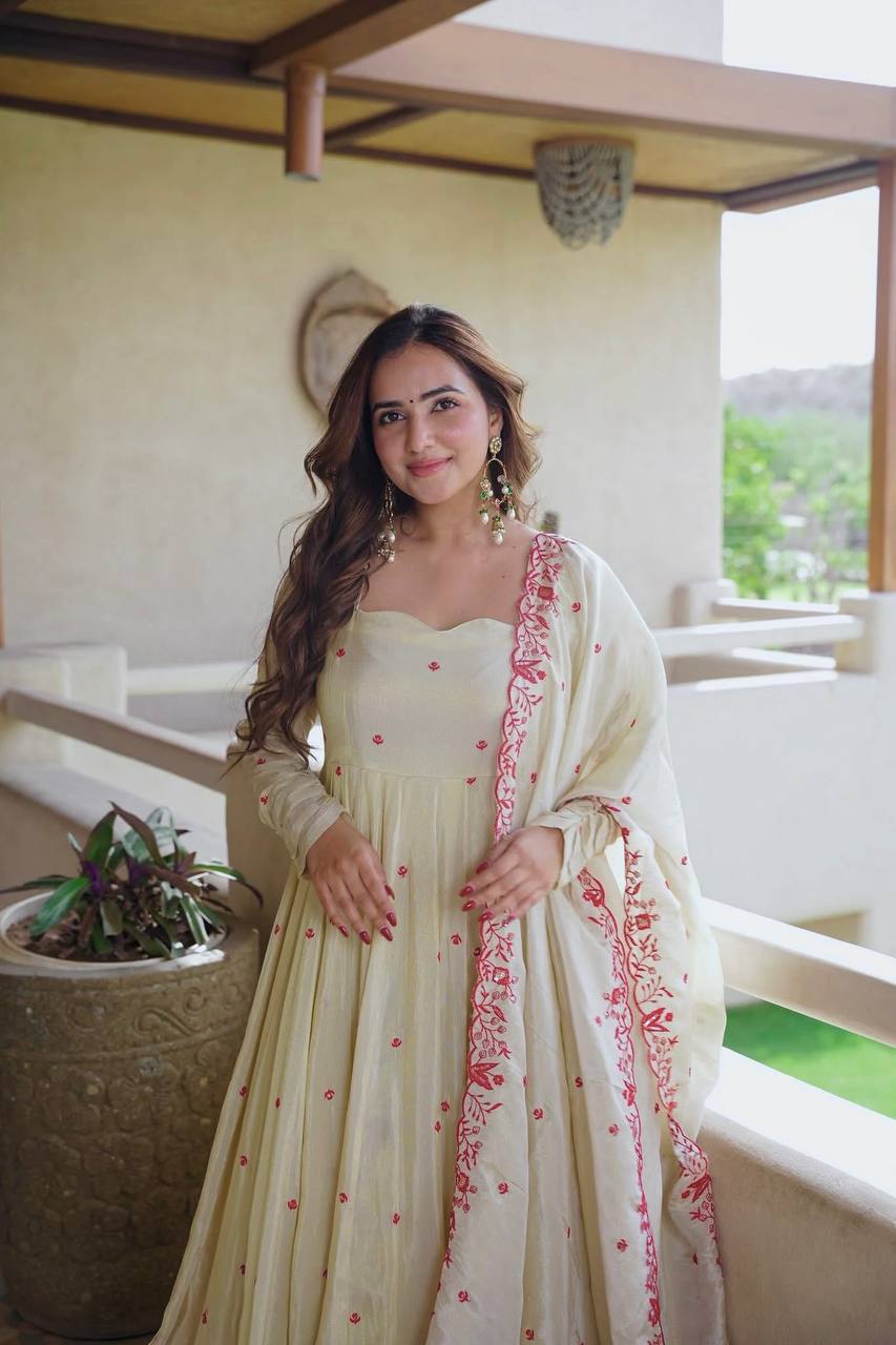 Elegant ivory anarkali suit with embroidery
