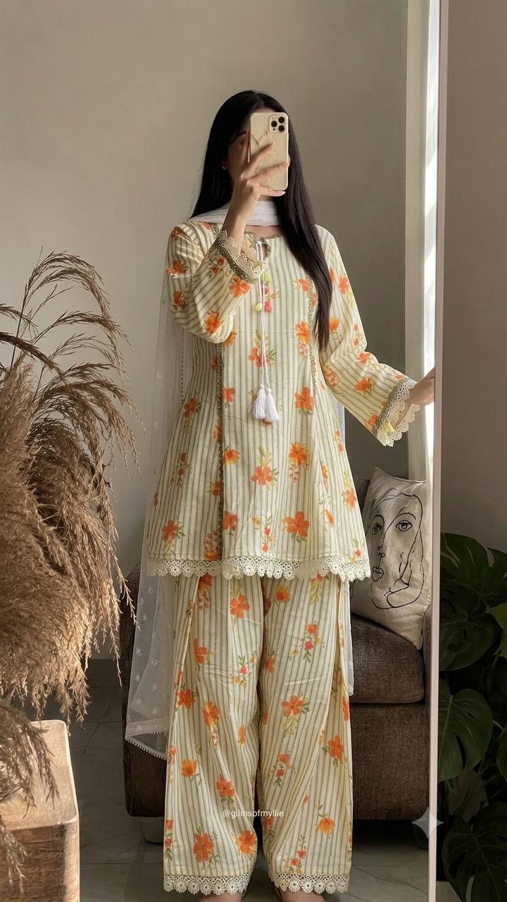 Floral printed short kurti tulip pant set