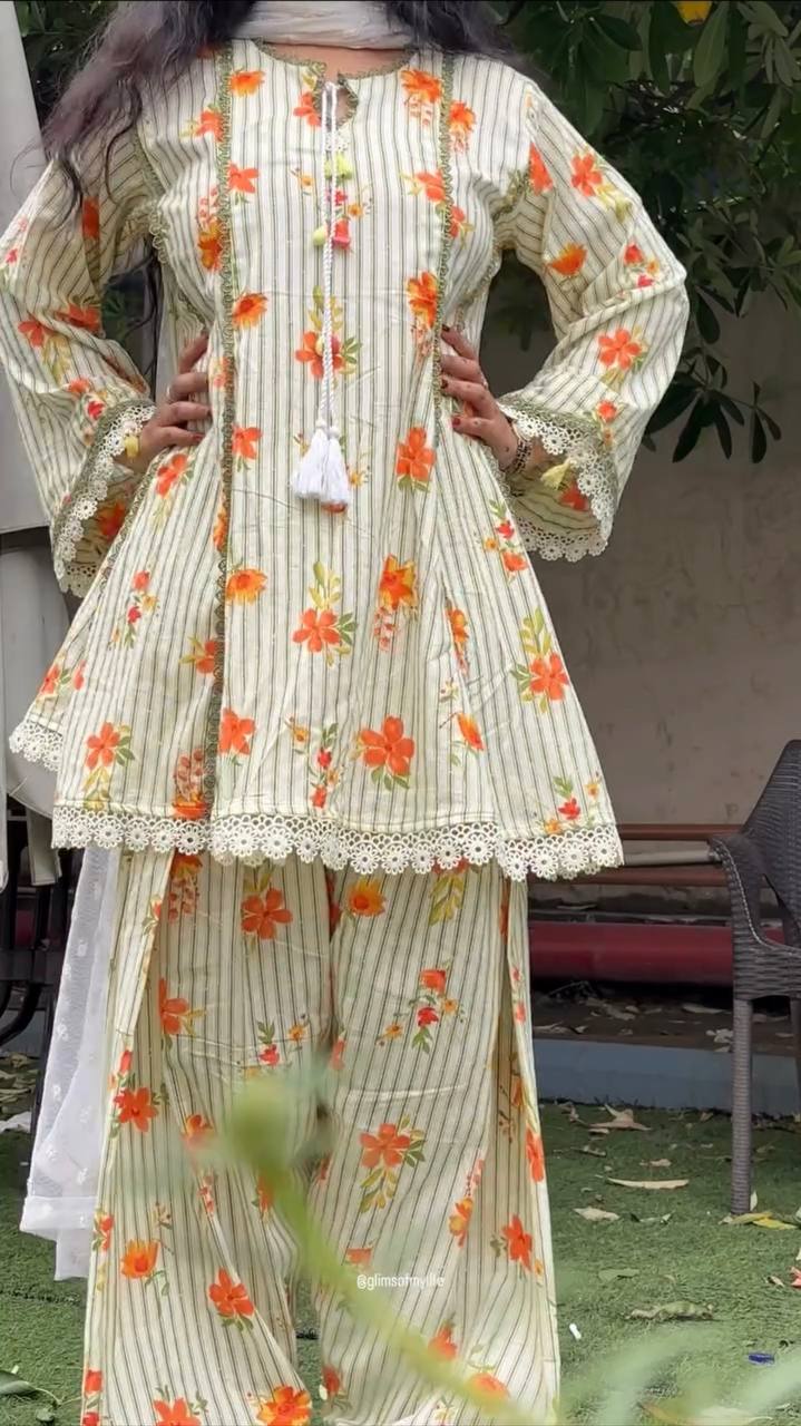 Floral printed short kurti tulip pant set