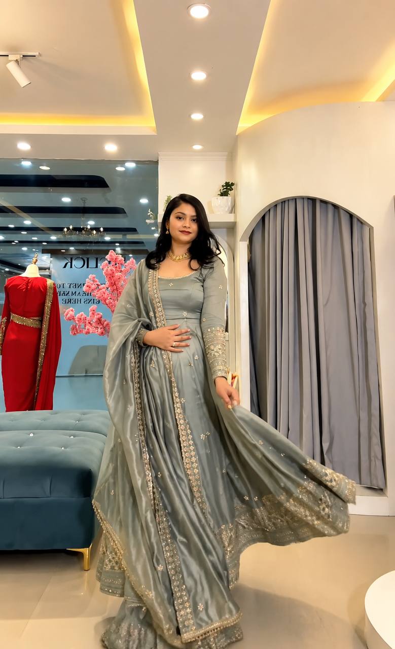 Embroidered Anarkali gown with matching dupatta