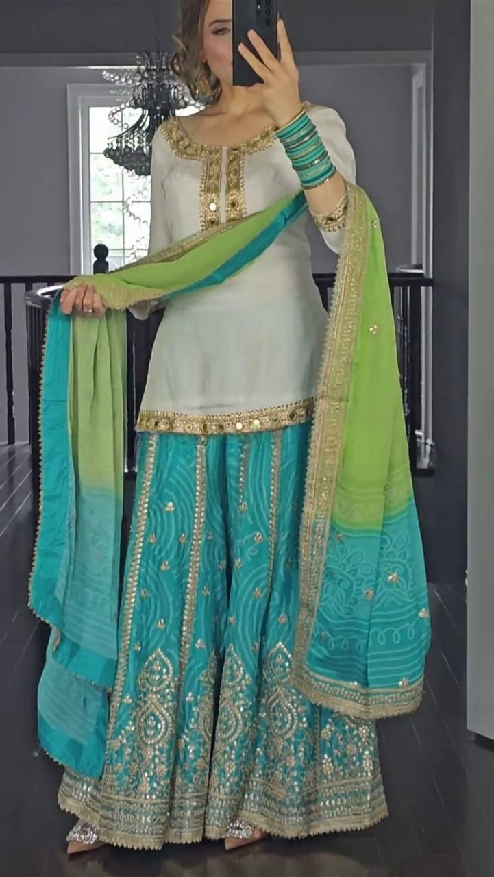 White and Sky Special Presenting New Top Sharara Plazzo Suit Set