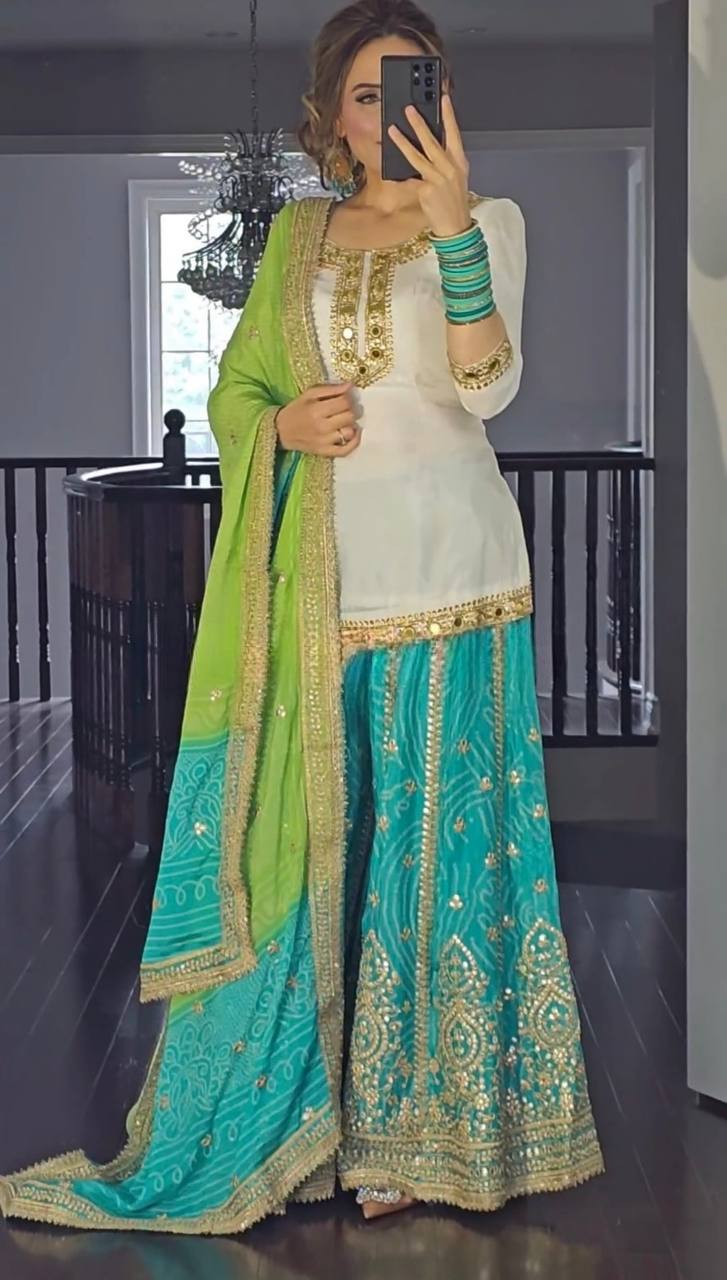 White and Sky Special Presenting New Top Sharara Plazzo Suit Set
