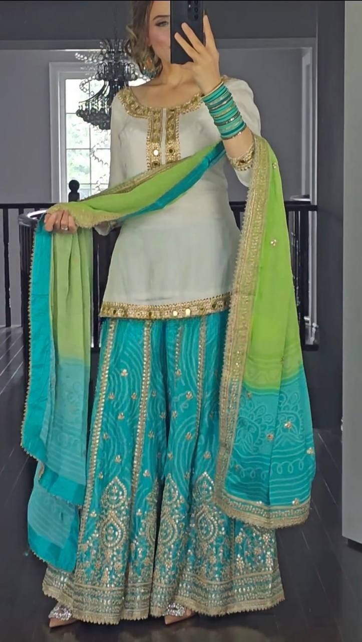 White and Sky Special Presenting New Top Sharara Plazzo Suit Set