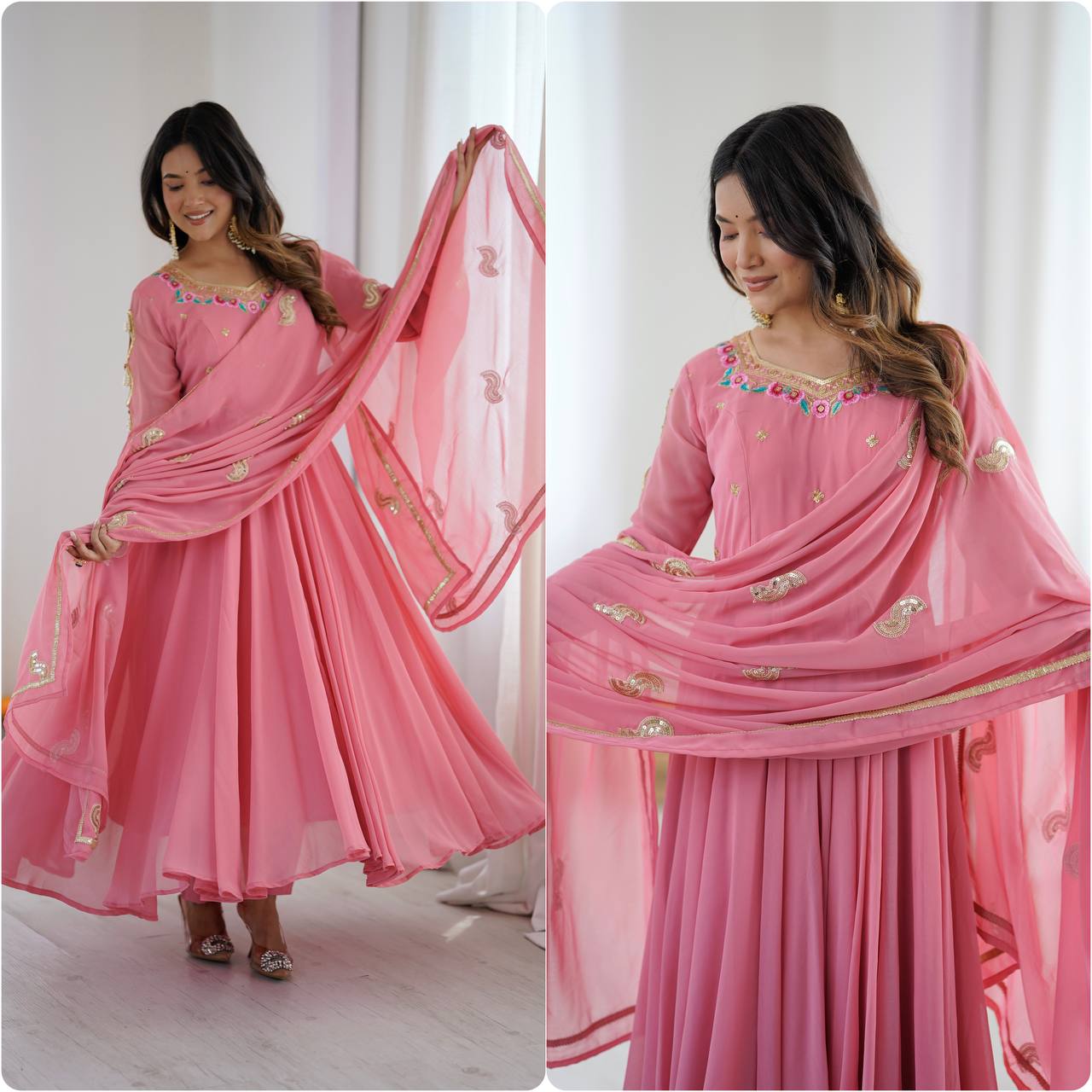 Elegant pink georgette ethnic long gown
