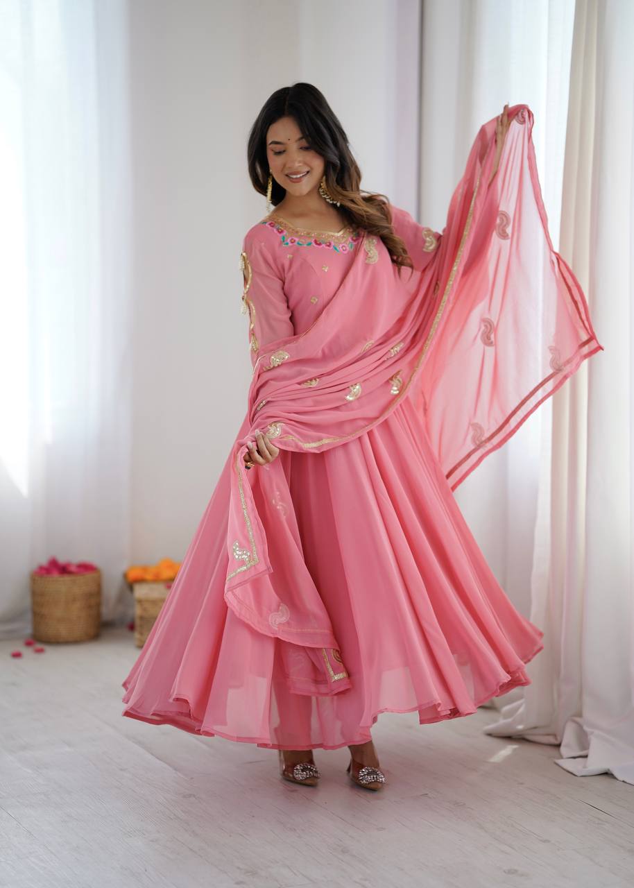Elegant pink georgette ethnic long gown