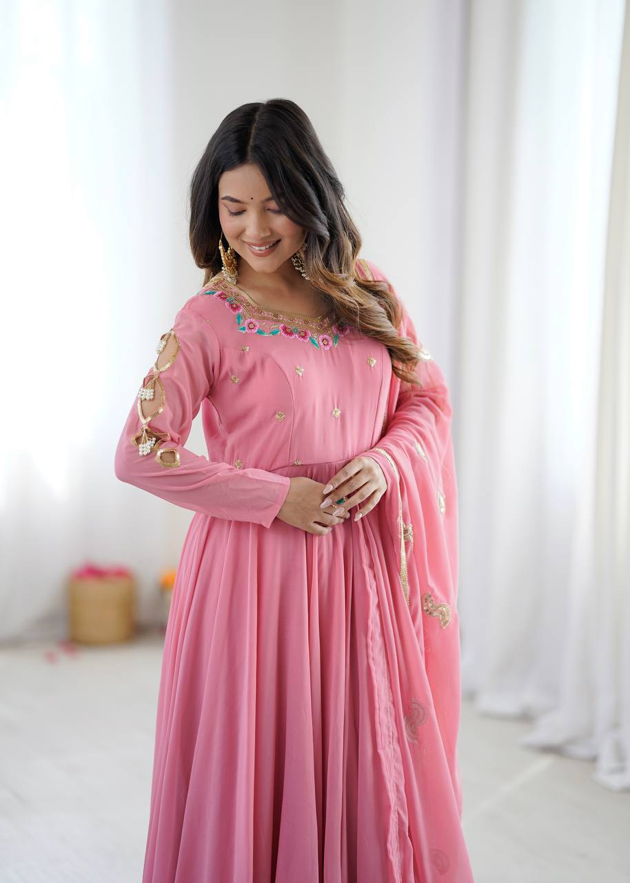 Elegant pink georgette ethnic long gown