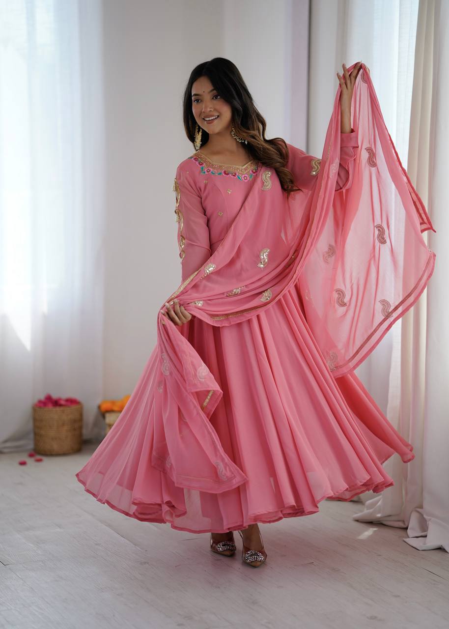 Elegant pink georgette ethnic long gown