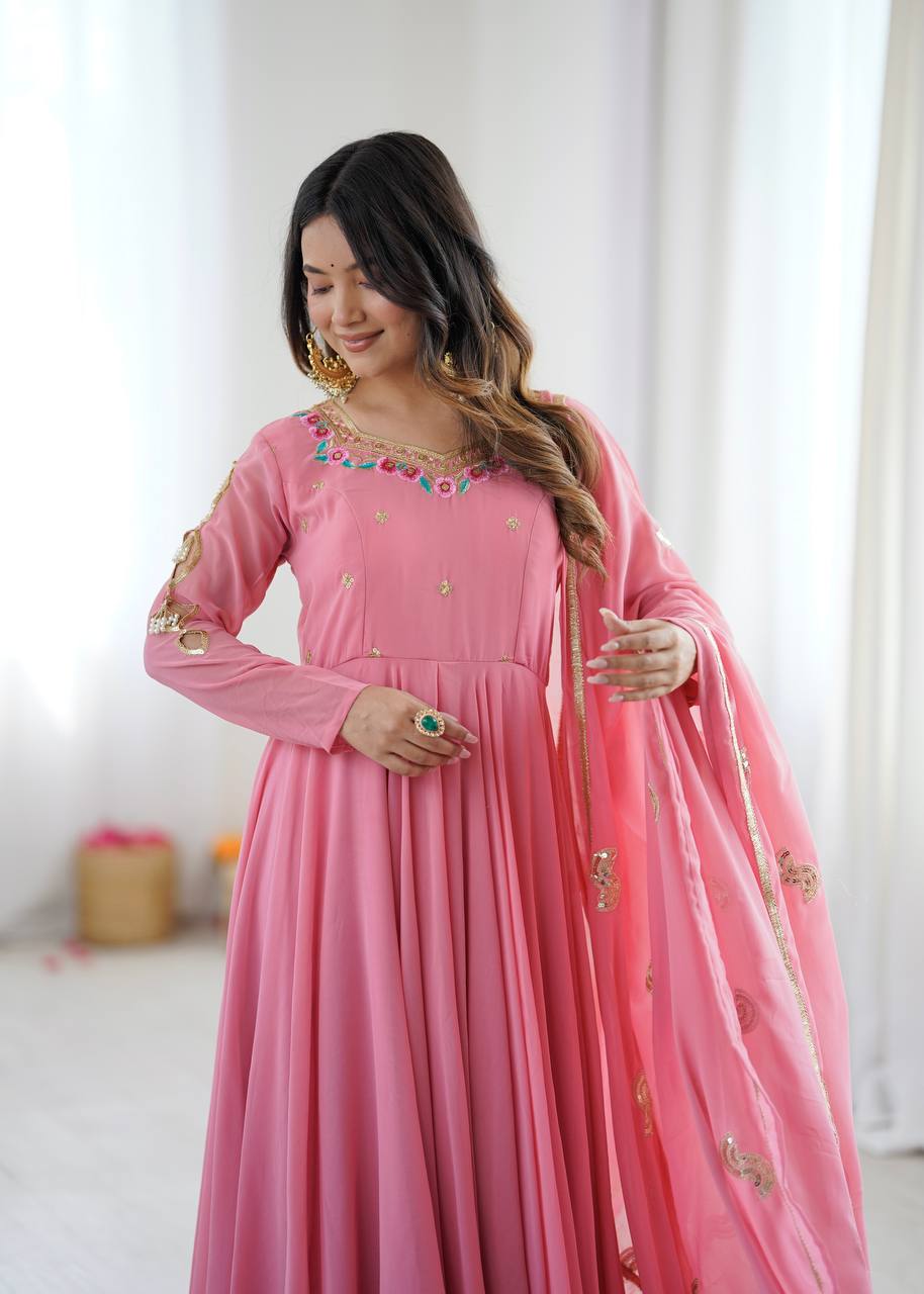 Elegant pink georgette ethnic long gown