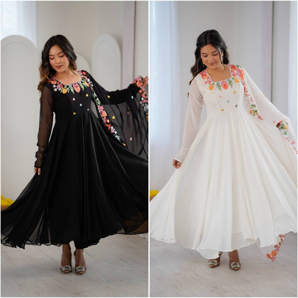 Black Anarkali suit with colorful embroidery