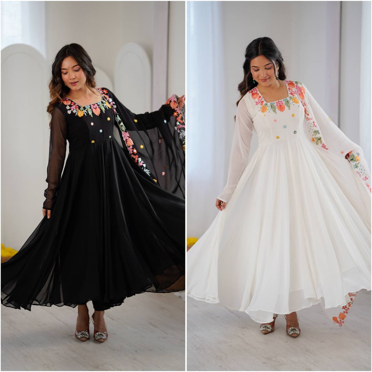 Black Anarkali suit with colorful embroidery