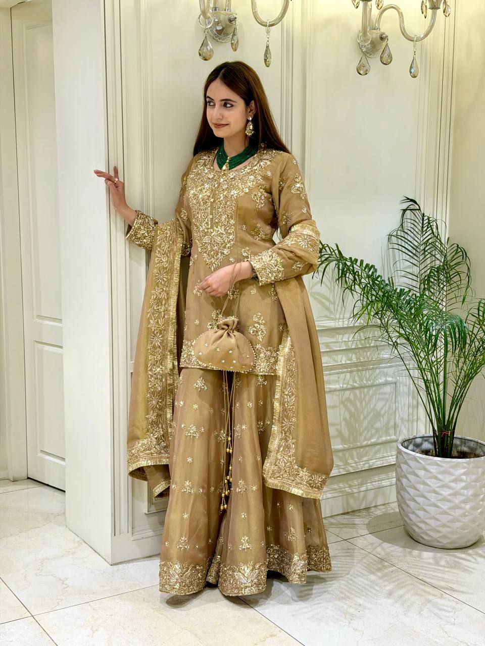 Timeless Dabka Zardozi Golden Sharara Set