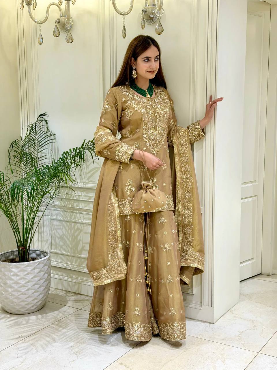 Timeless Dabka Zardozi Golden Sharara Set