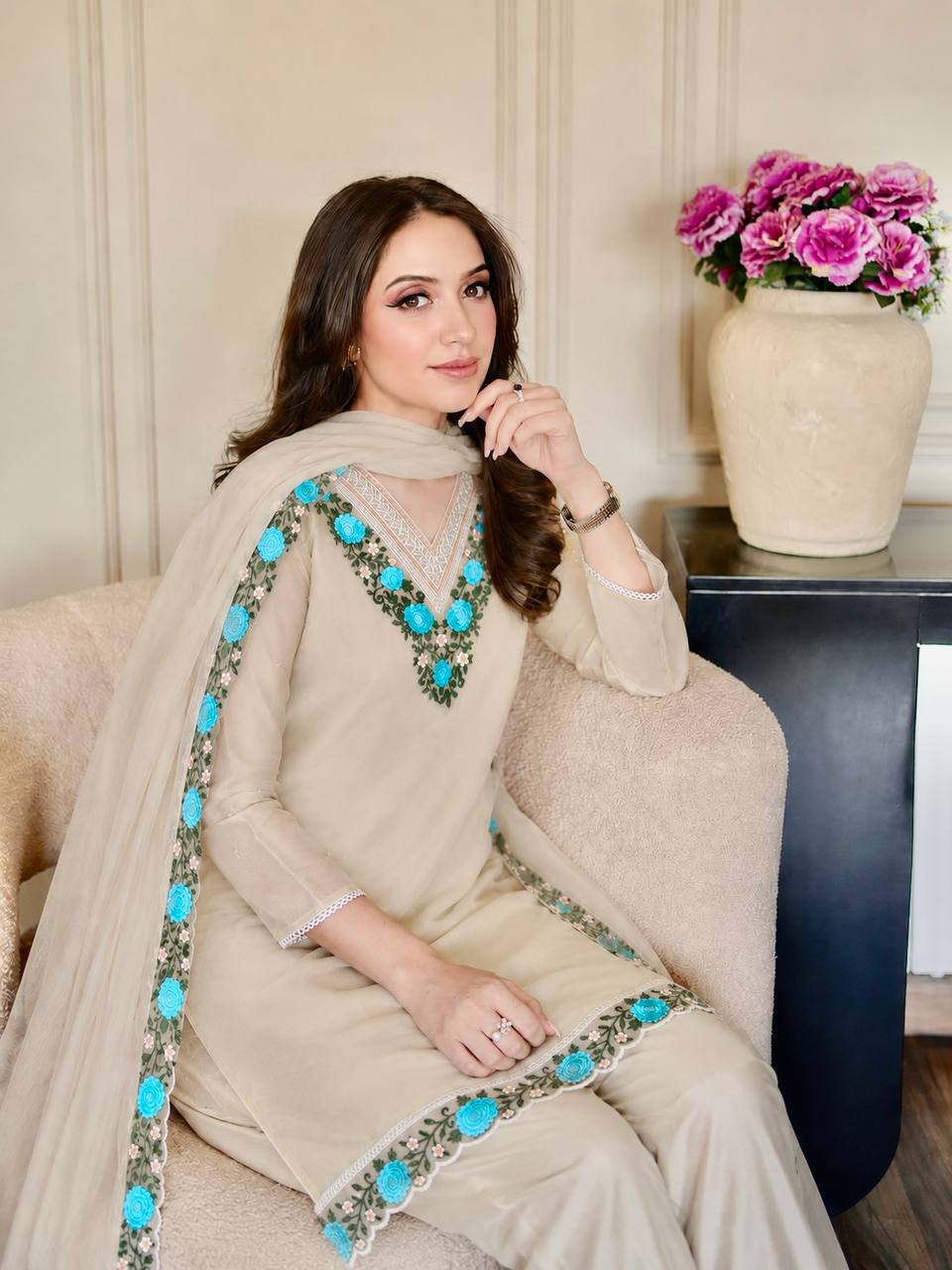 Radiant Sophistication Woman in Green Ensemble