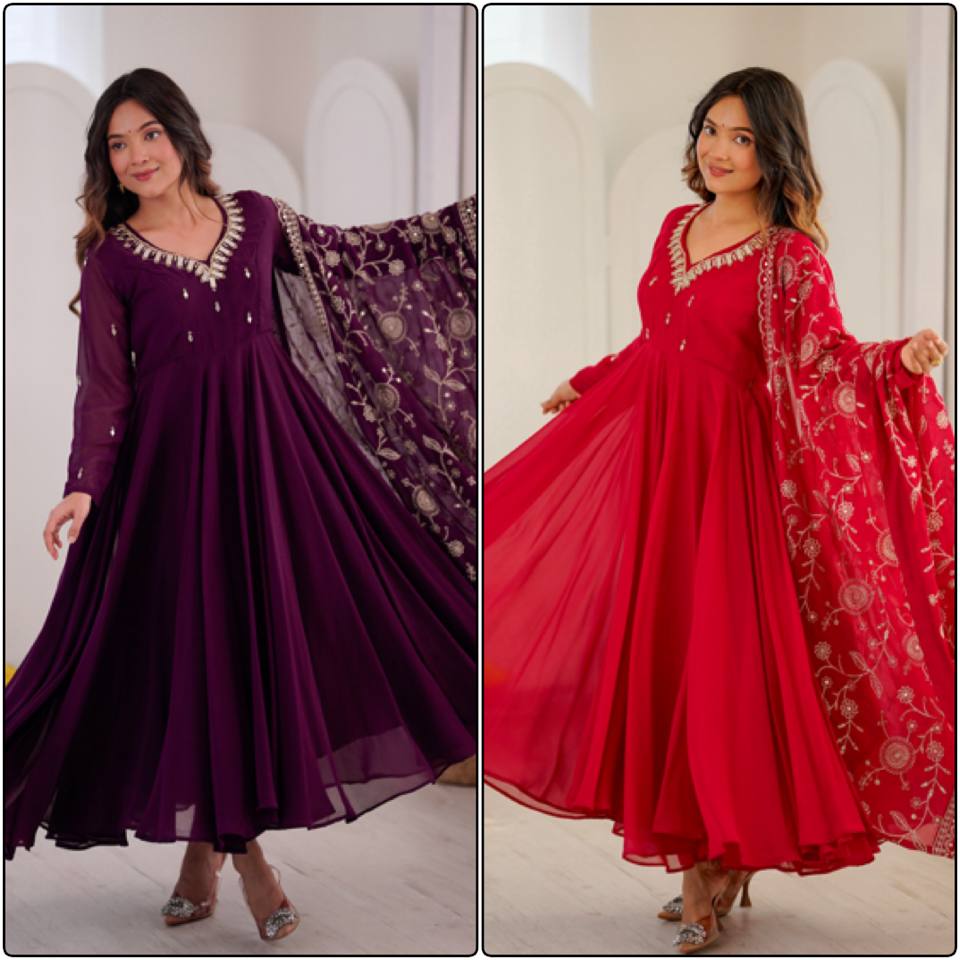 Elegant red Anarkali suit with embroidered dupatta