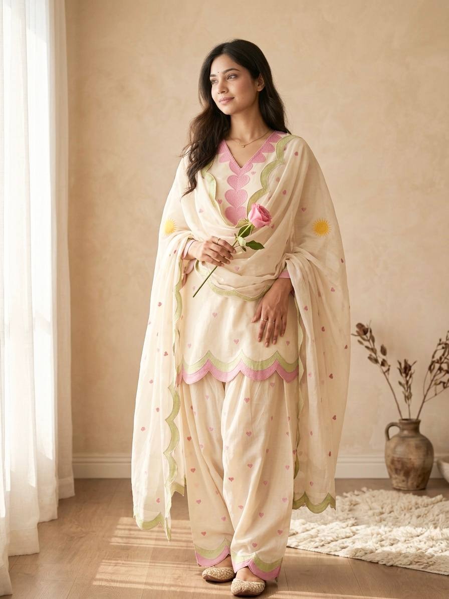 Lvory Pink Heart Work Suit with Dupatta Set