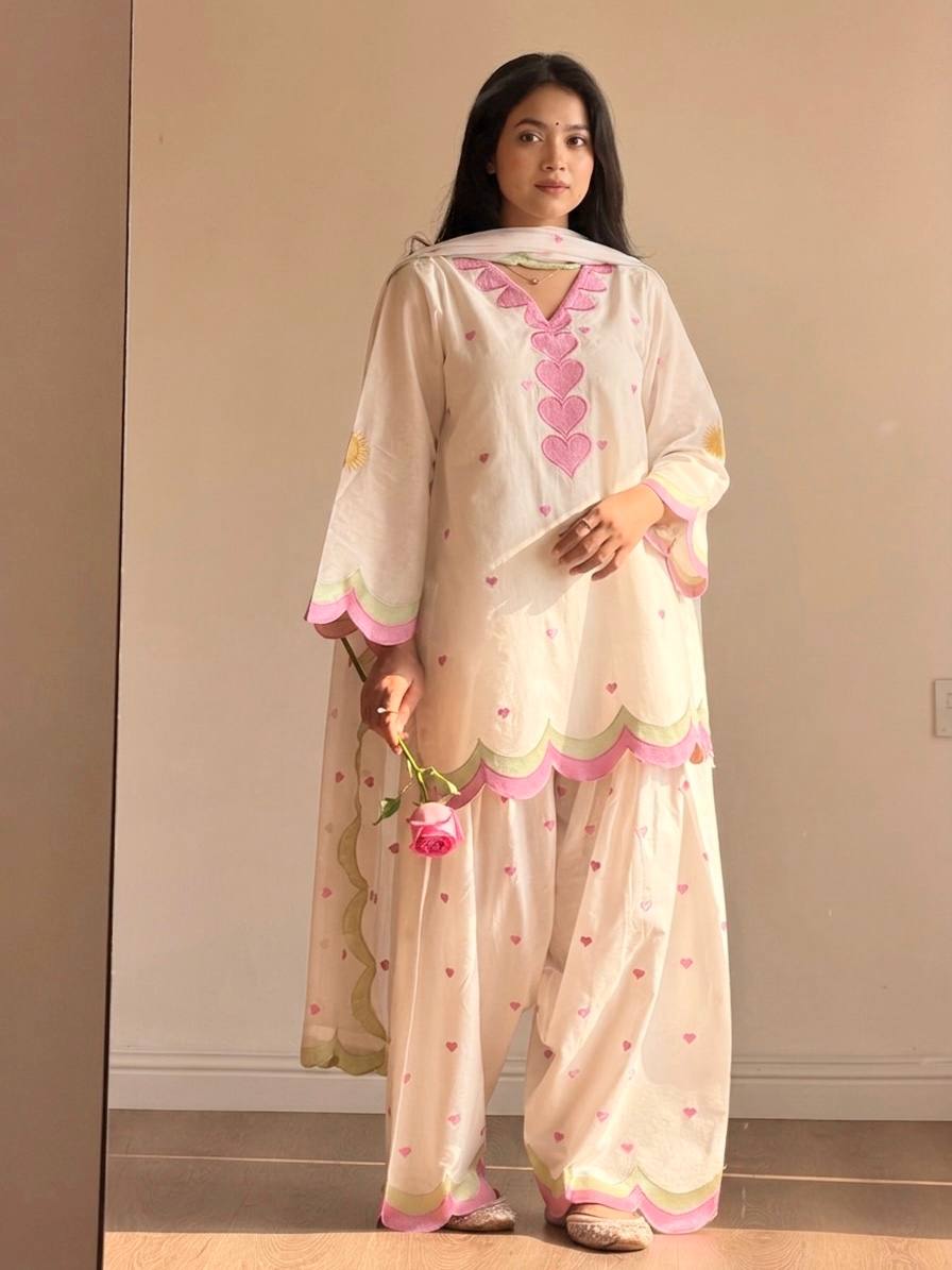 Lvory Pink Heart Work Suit with Dupatta Set