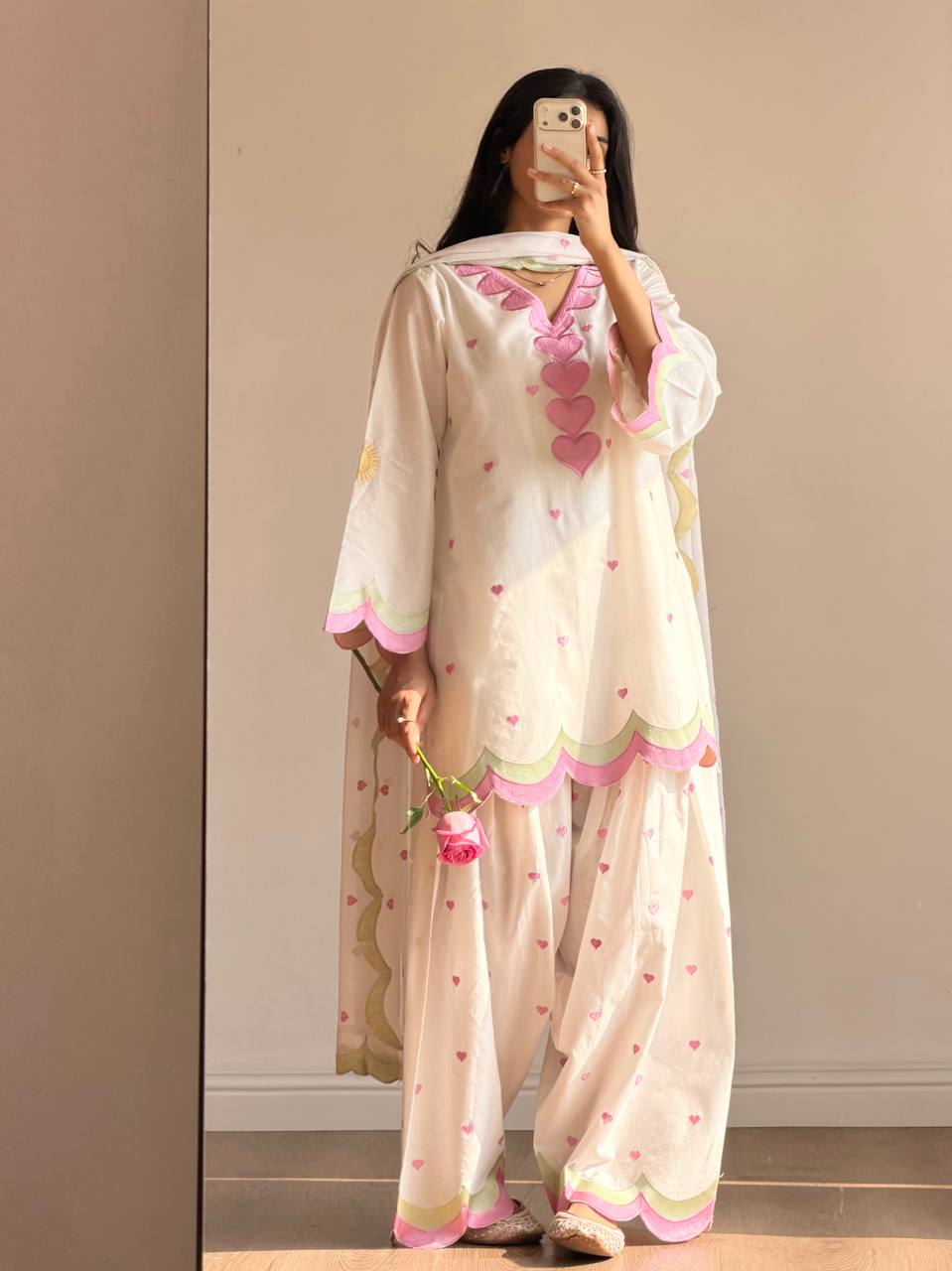 Lvory Pink Heart Work Suit with Dupatta Set