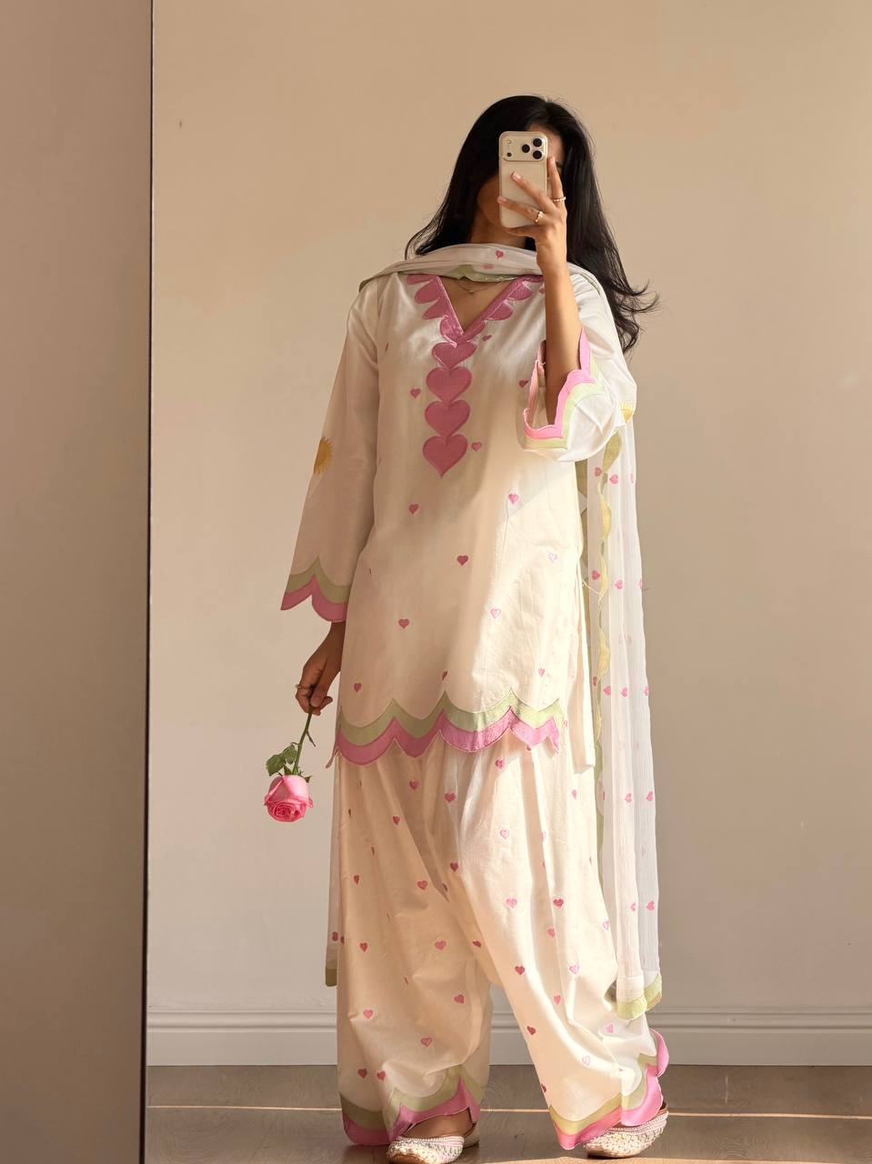 Lvory Pink Heart Work Suit with Dupatta Set