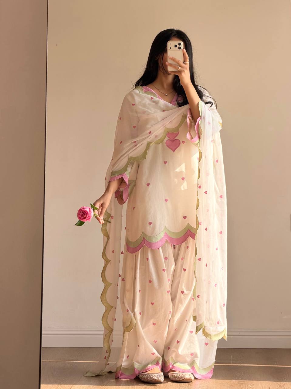 Lvory Pink Heart Work Suit with Dupatta Set