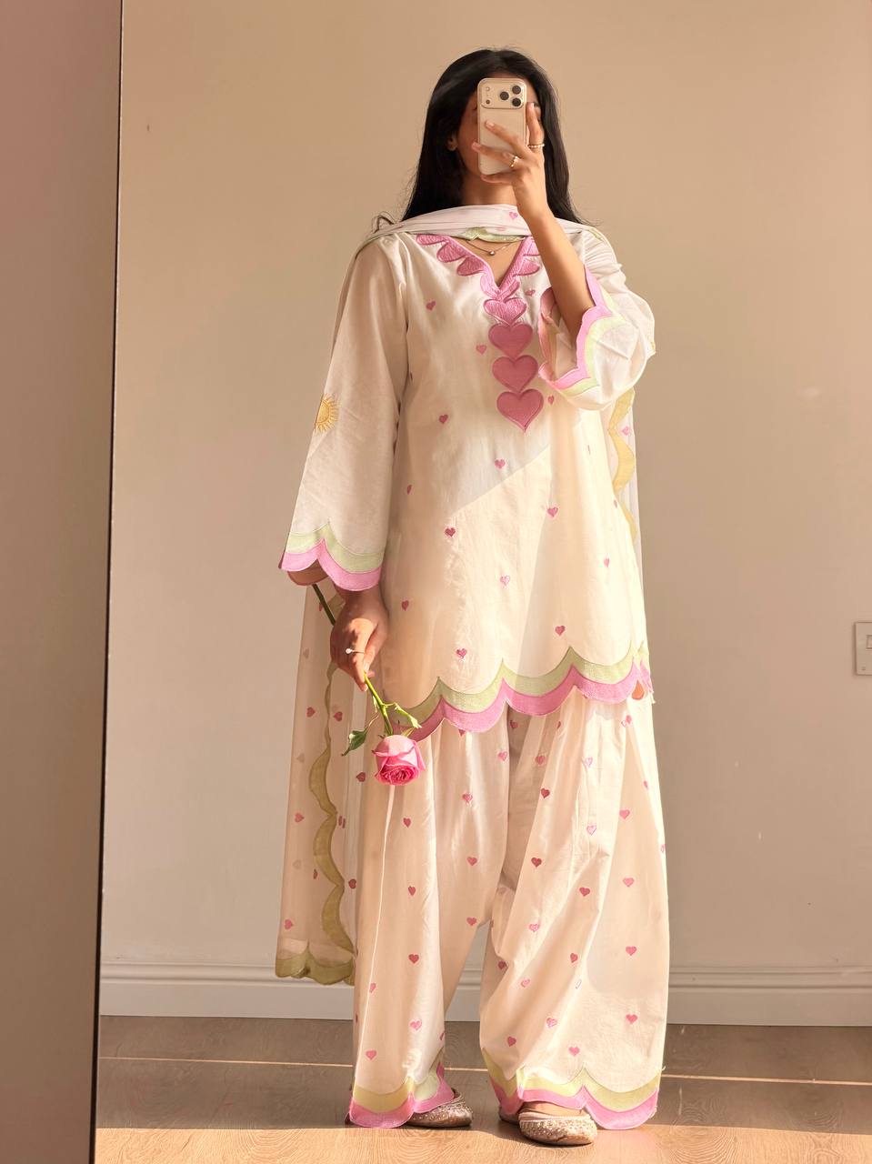 Lvory Pink Heart Work Suit with Dupatta Set
