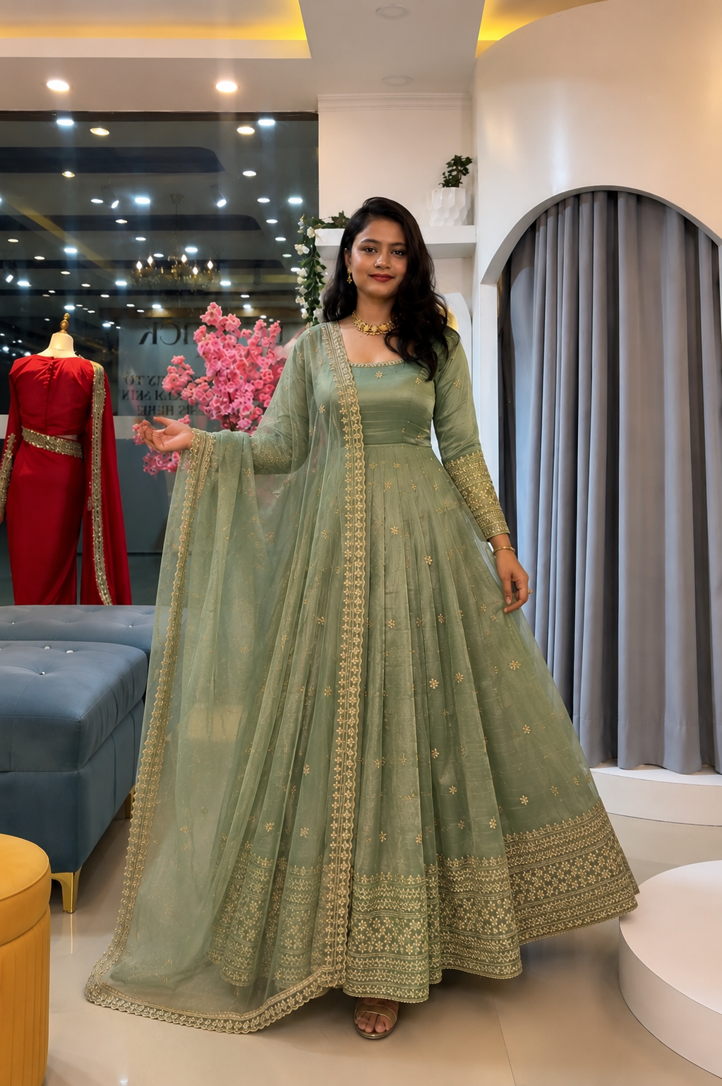 Elegant embroidered anarkali gown with dupatta