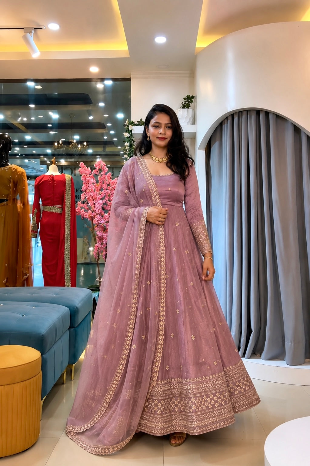 Elegant embroidered anarkali gown with dupatta