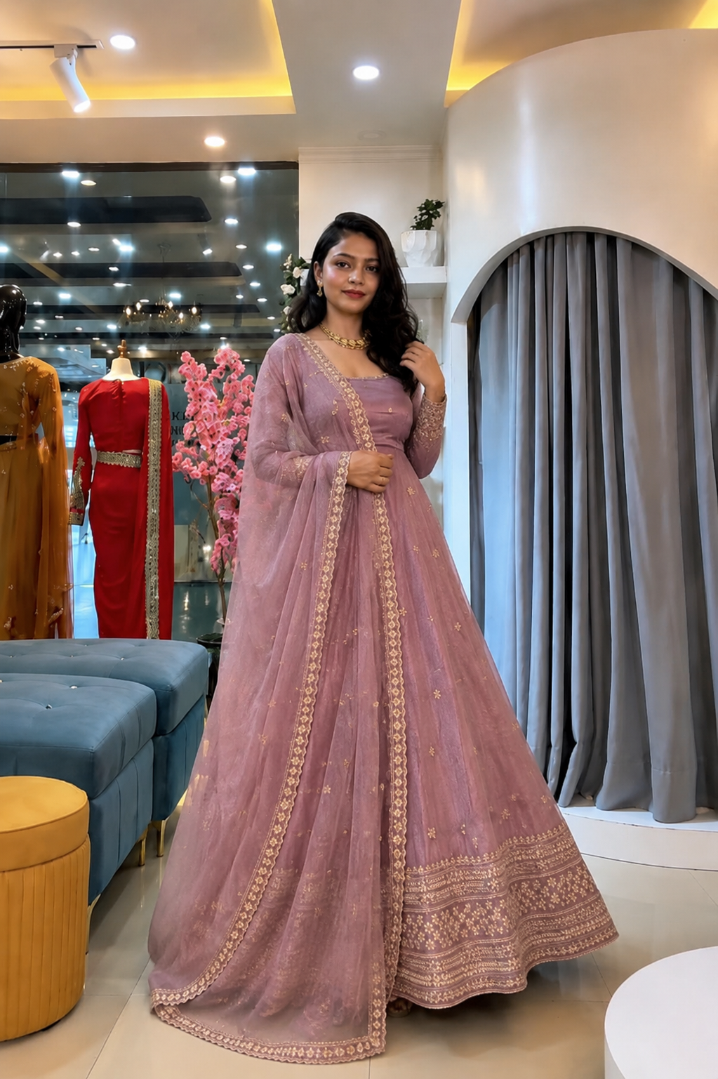 Elegant embroidered anarkali gown with dupatta