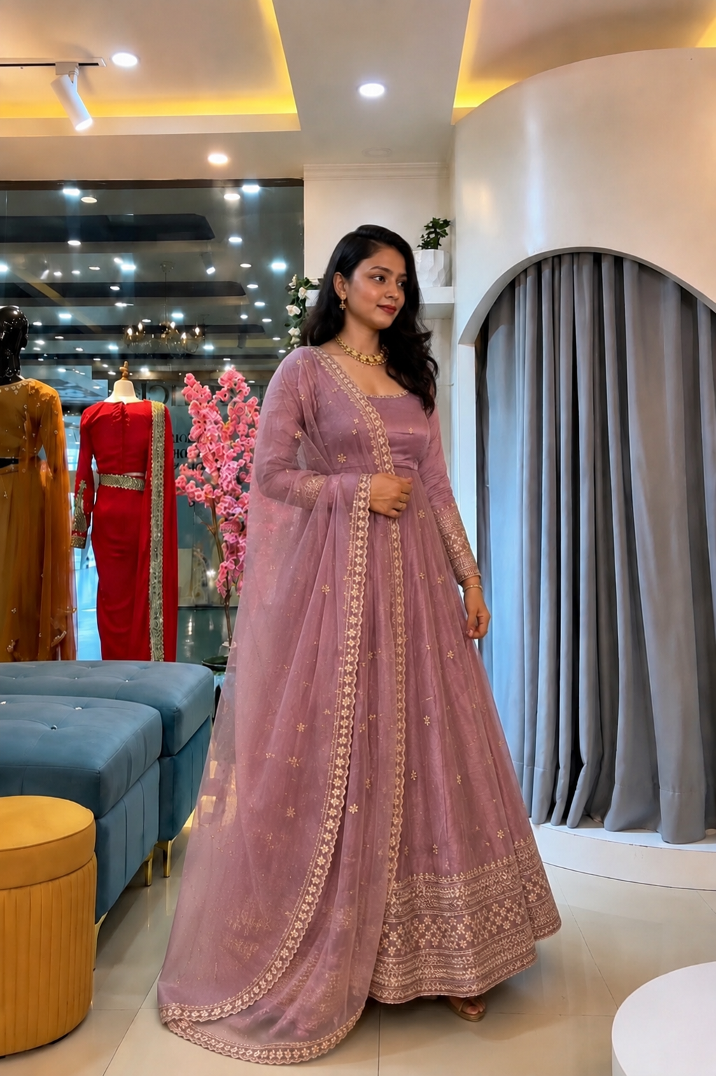 Elegant embroidered anarkali gown with dupatta