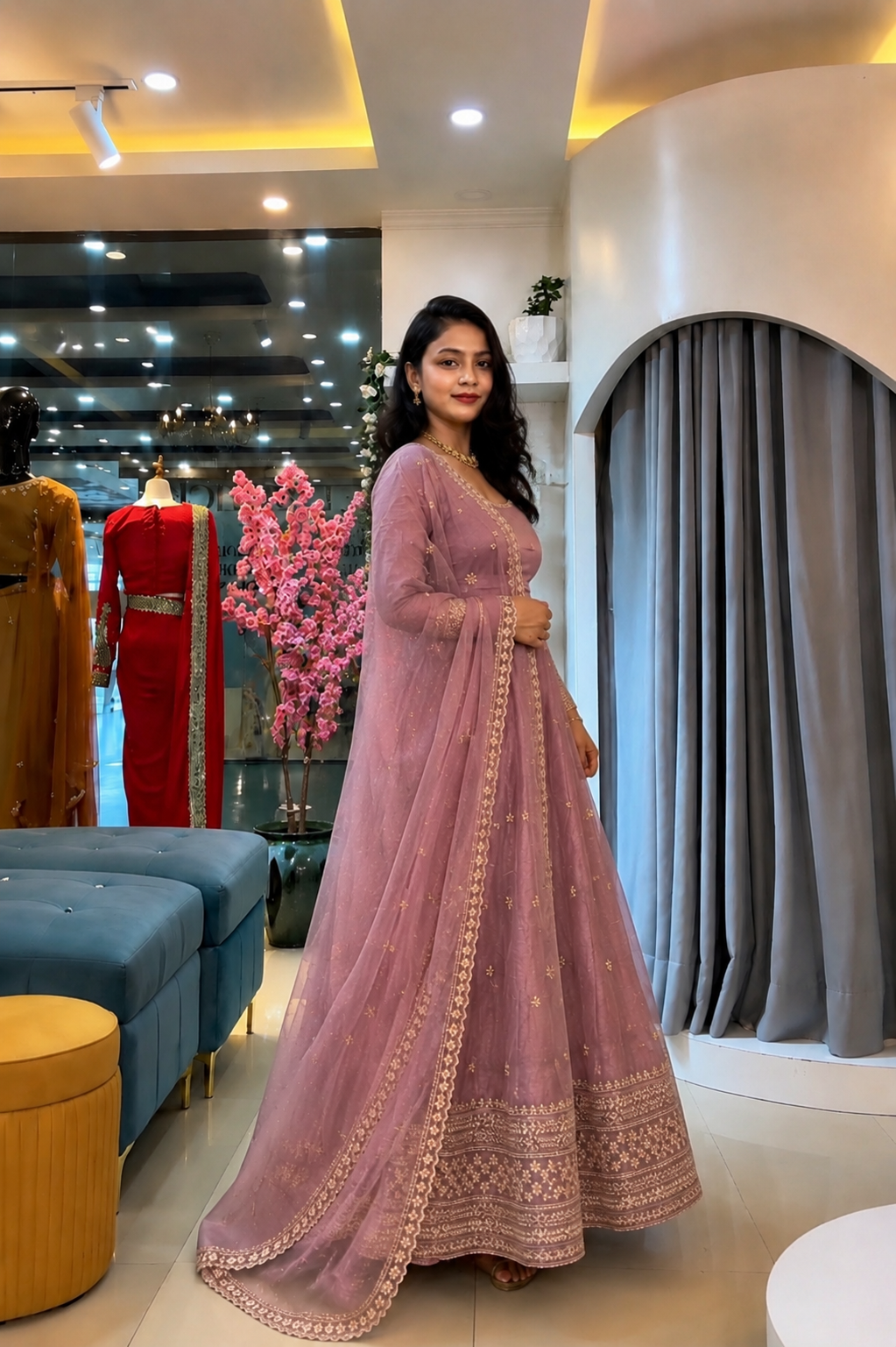 Elegant embroidered anarkali gown with dupatta