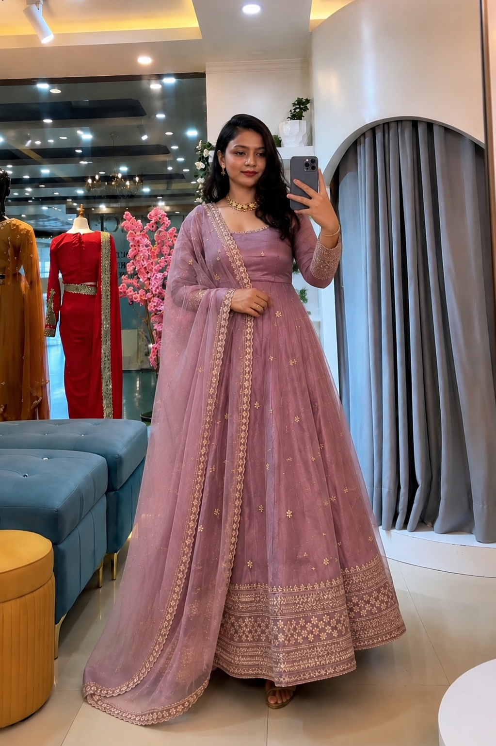 Elegant embroidered anarkali gown with dupatta