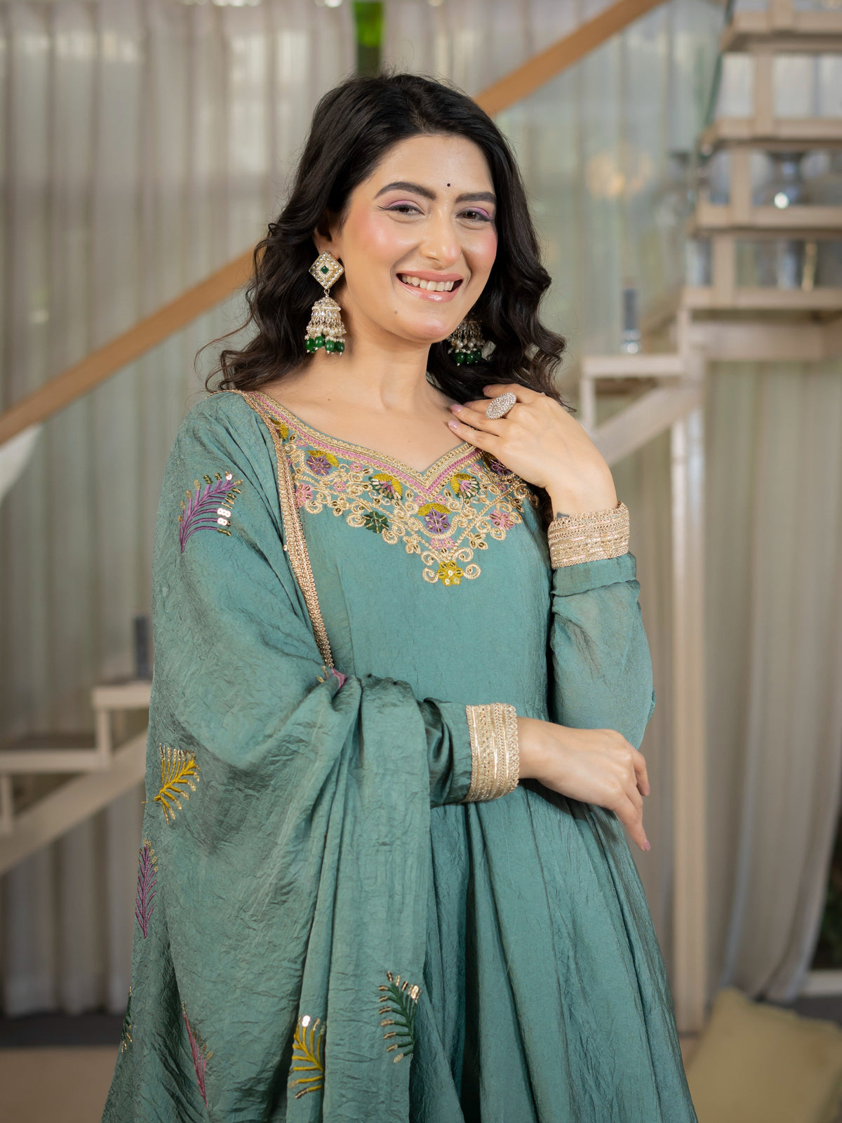 Regal Sage Embroidered Anarkali Ensemble