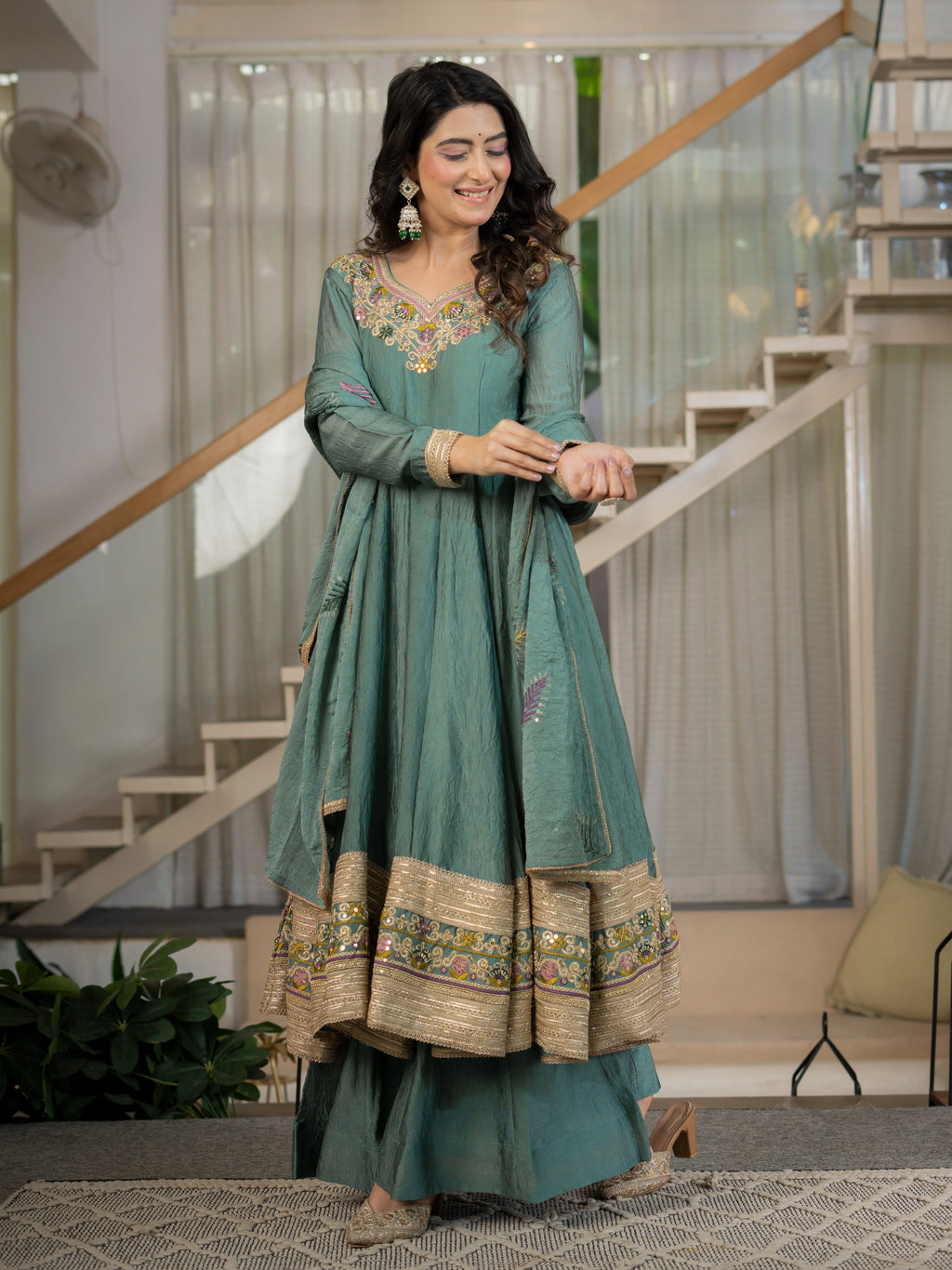 Regal Sage Embroidered Anarkali Ensemble