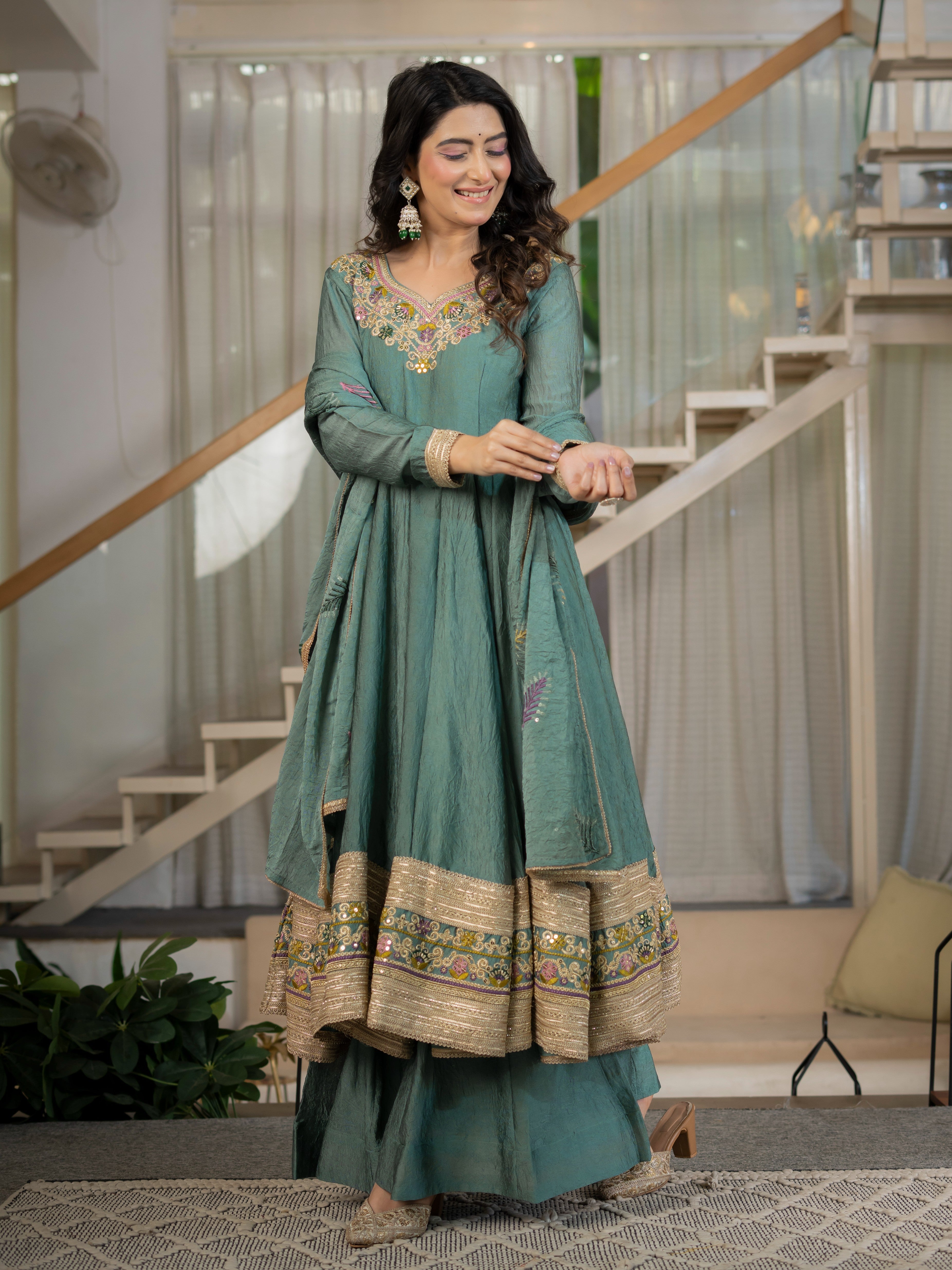 Regal Sage Embroidered Anarkali Ensemble