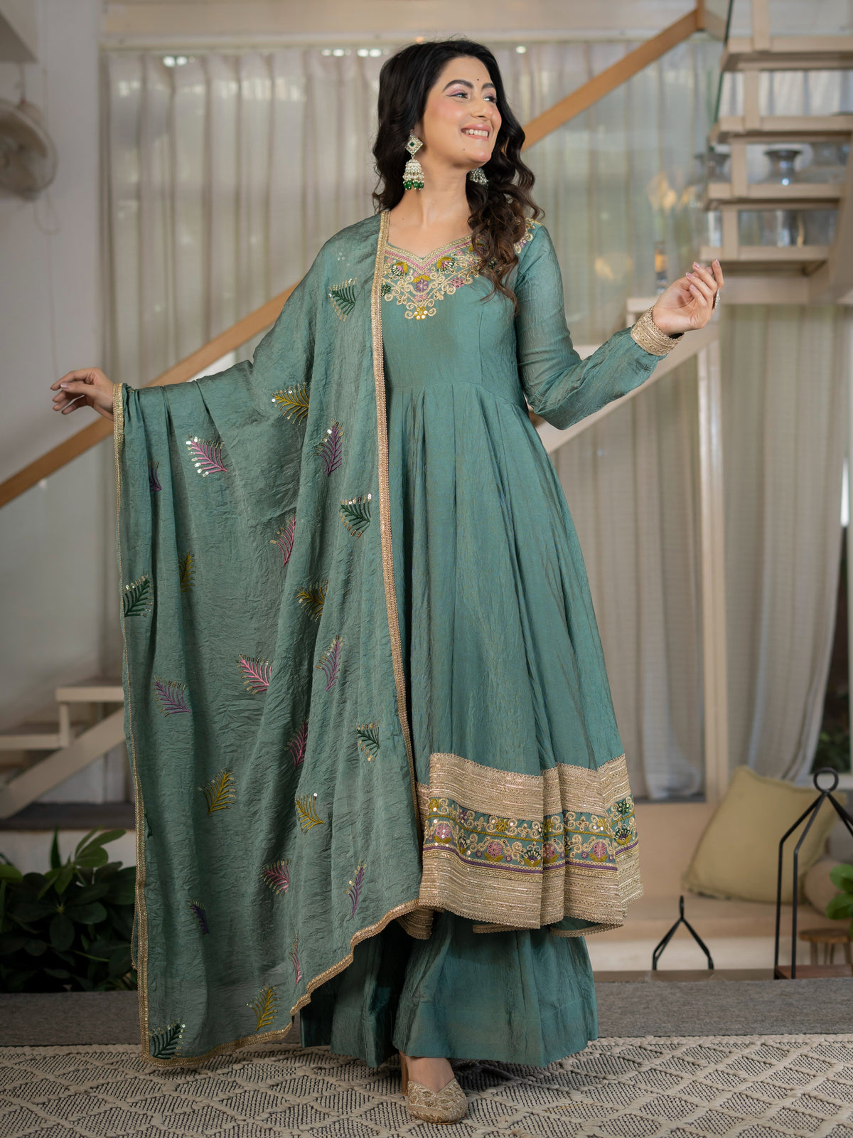 Regal Sage Embroidered Anarkali Ensemble
