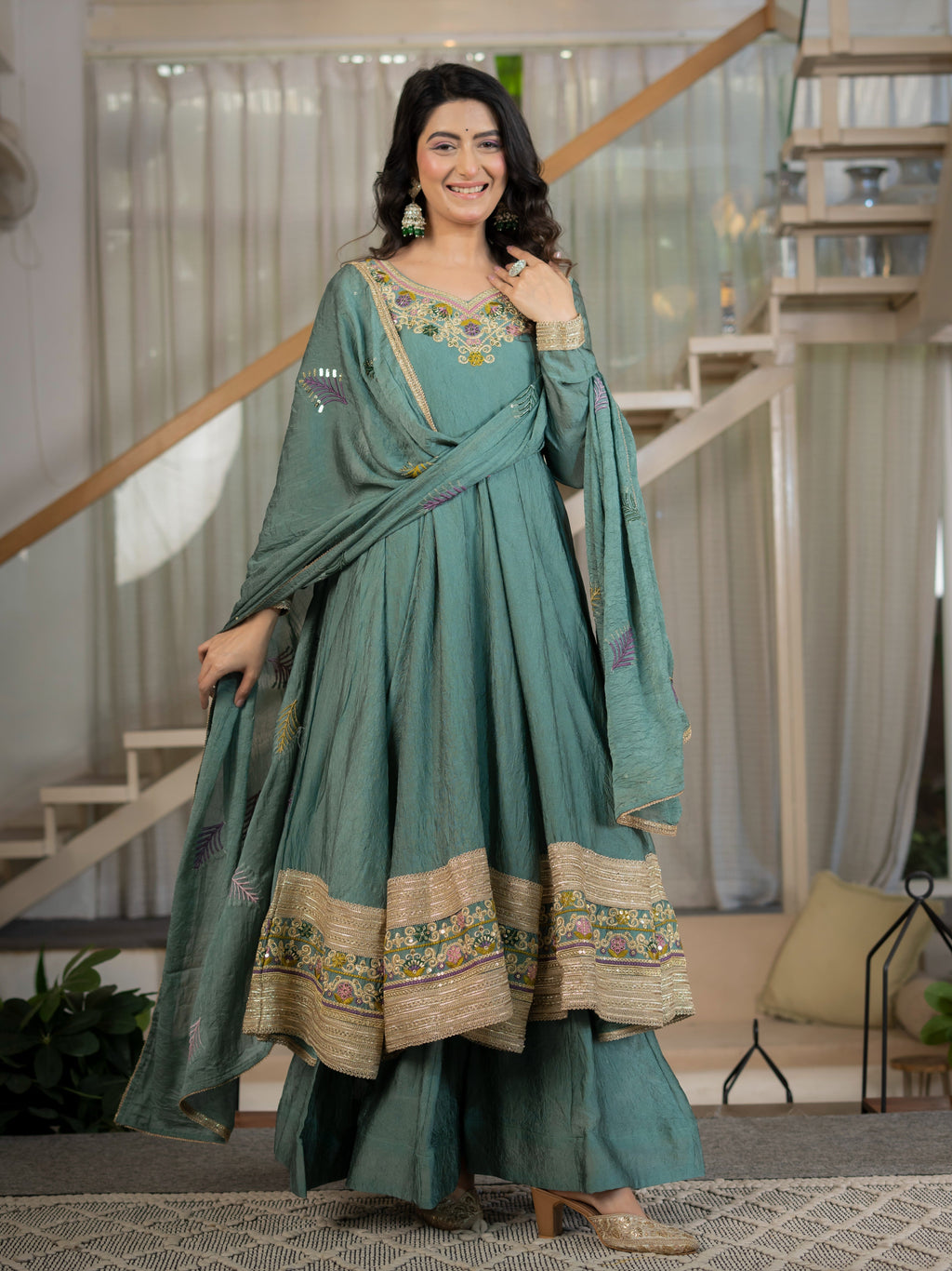 Regal Sage Embroidered Anarkali Ensemble