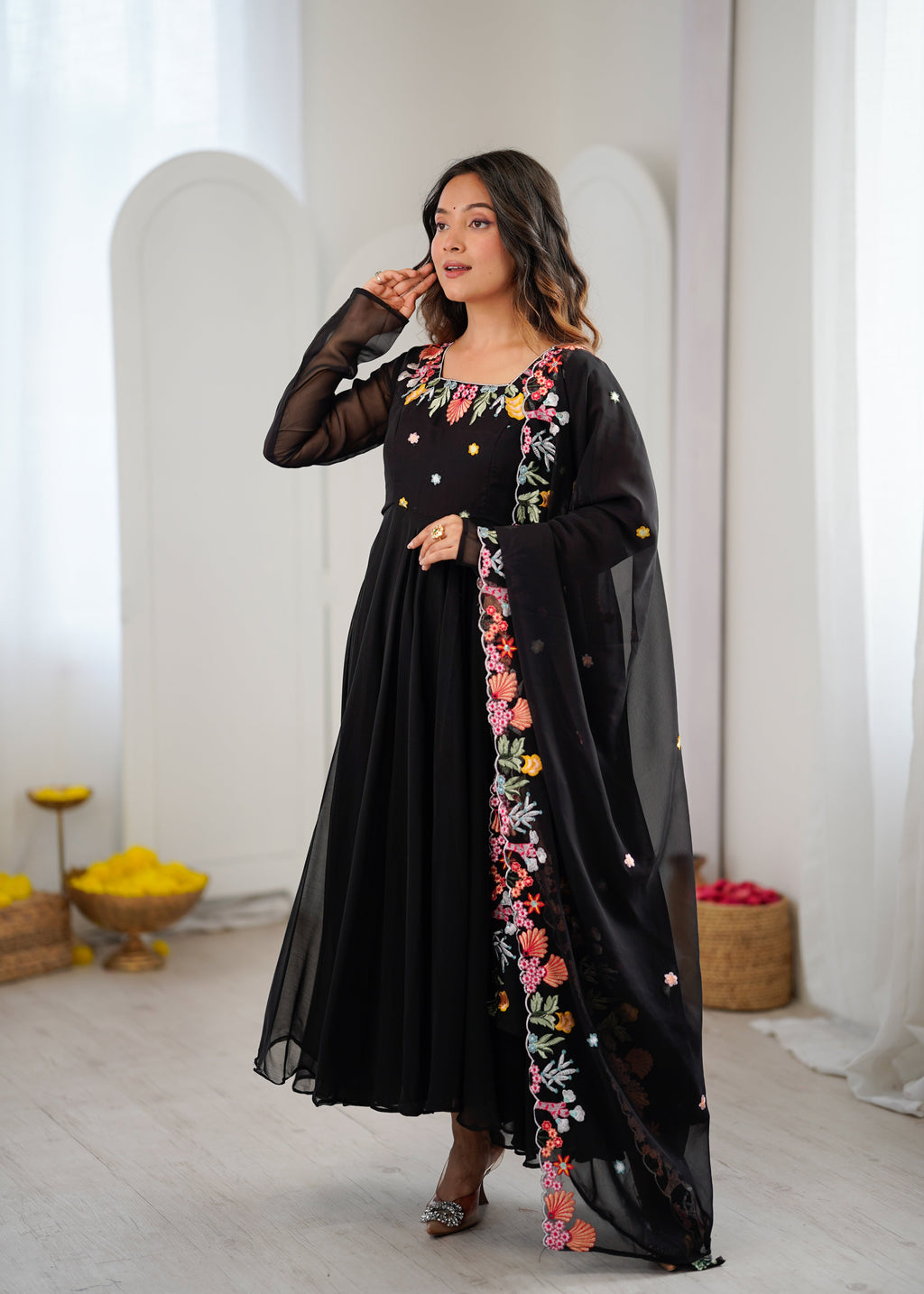 Black Anarkali suit with colorful embroidery