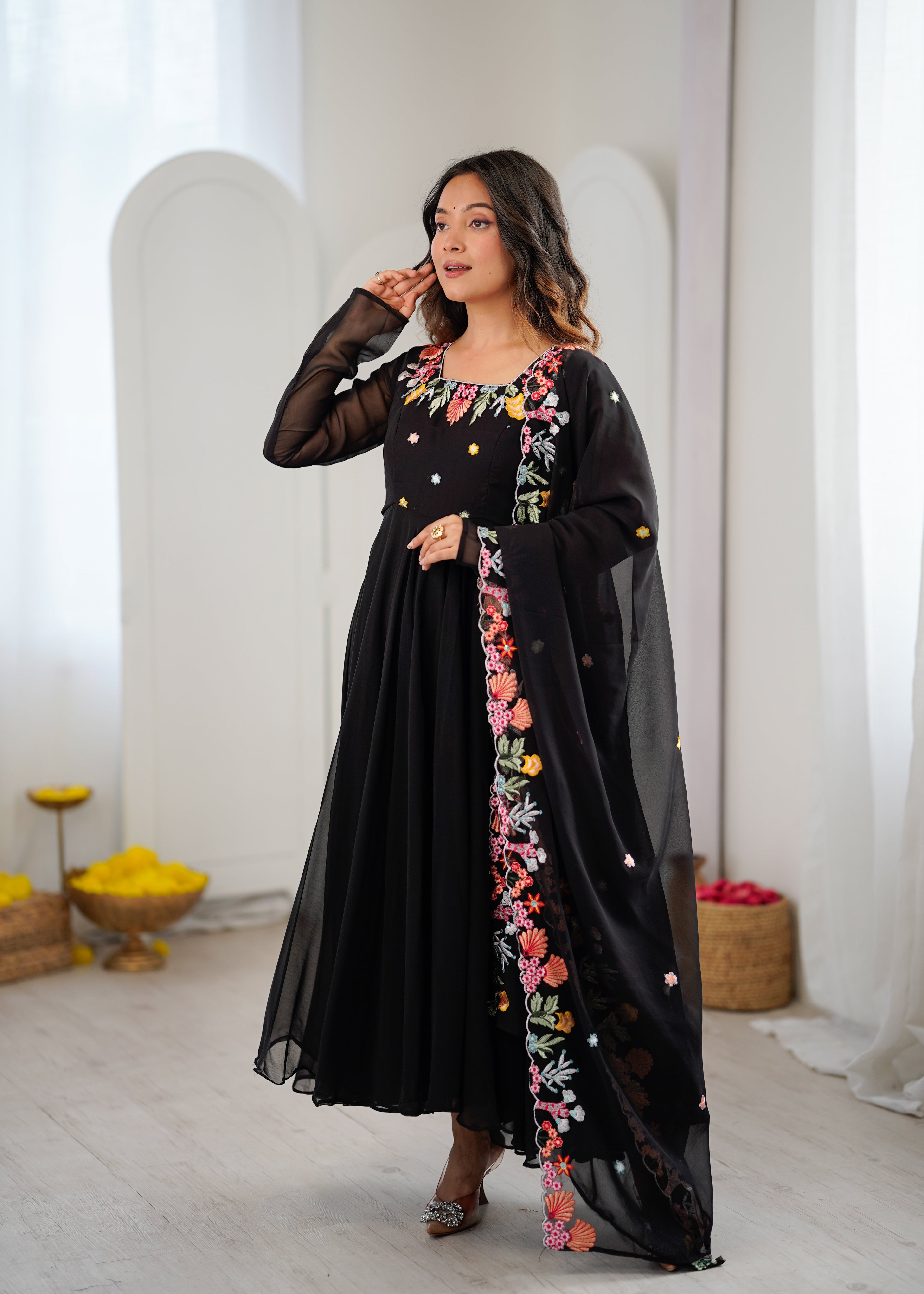 Black Anarkali suit with colorful embroidery