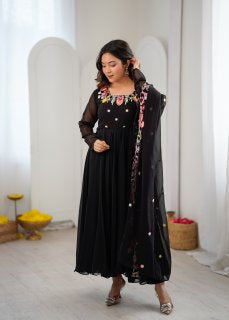Black Anarkali suit with colorful embroidery