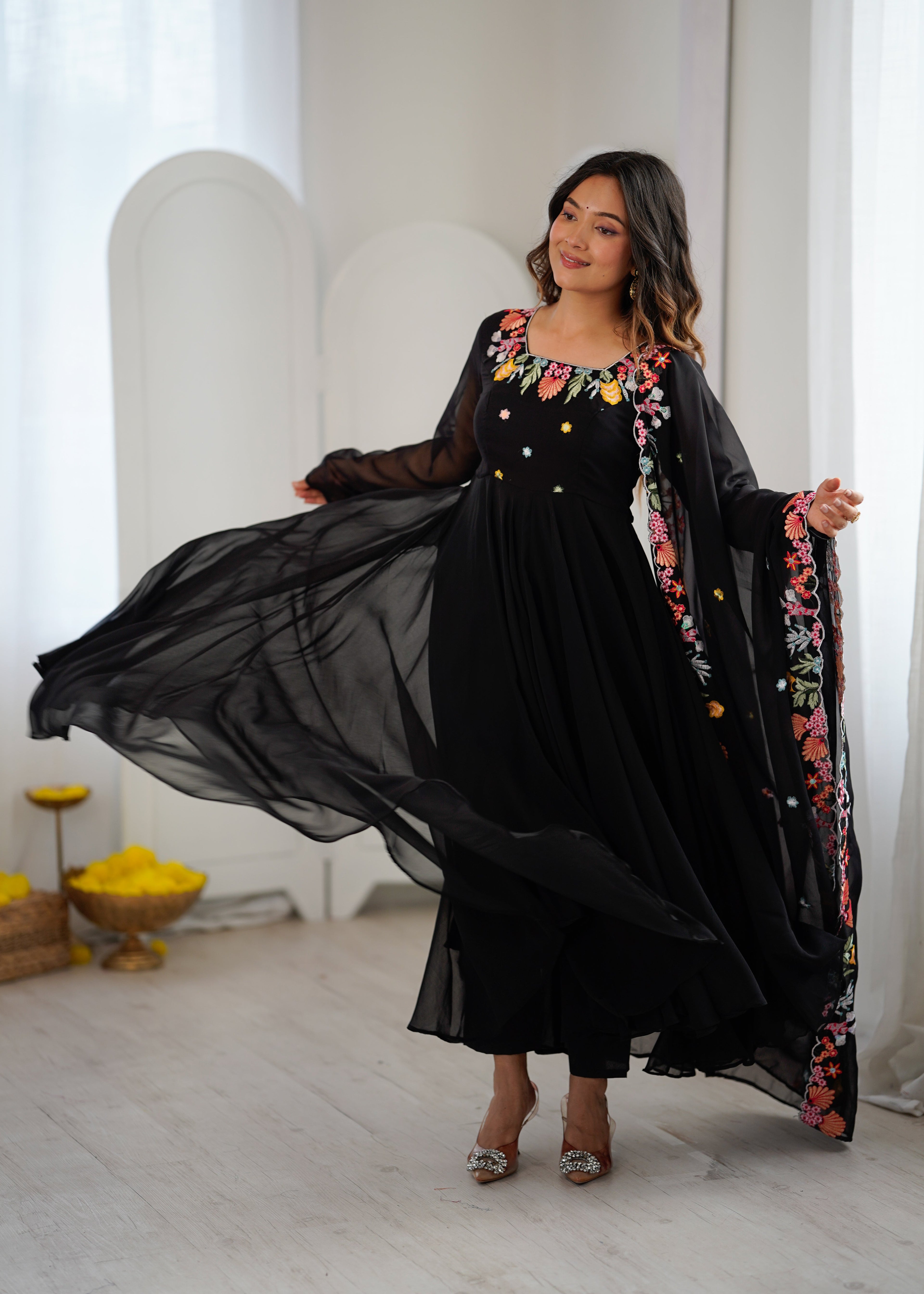 Black Anarkali suit with colorful embroidery