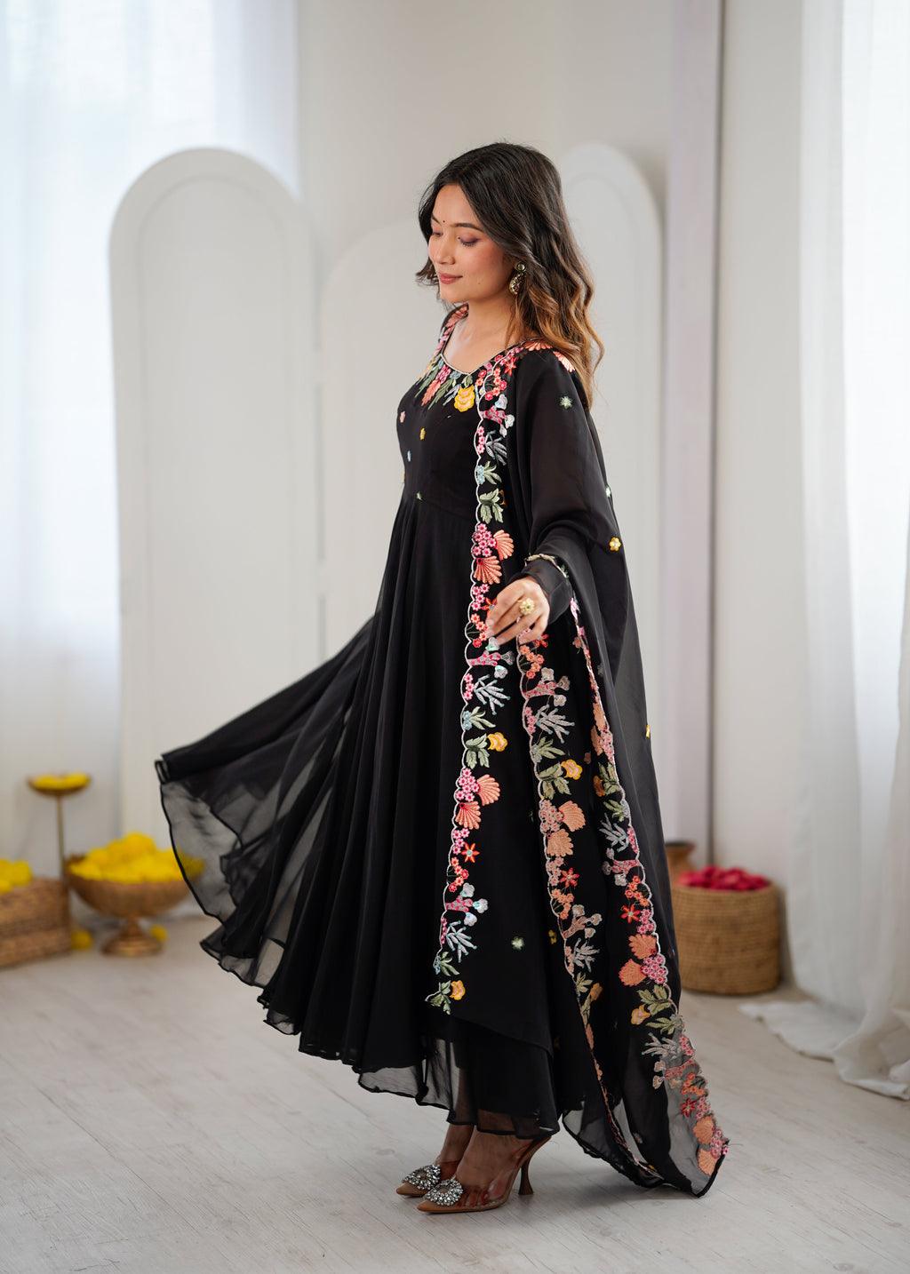 Black Anarkali suit with colorful embroidery