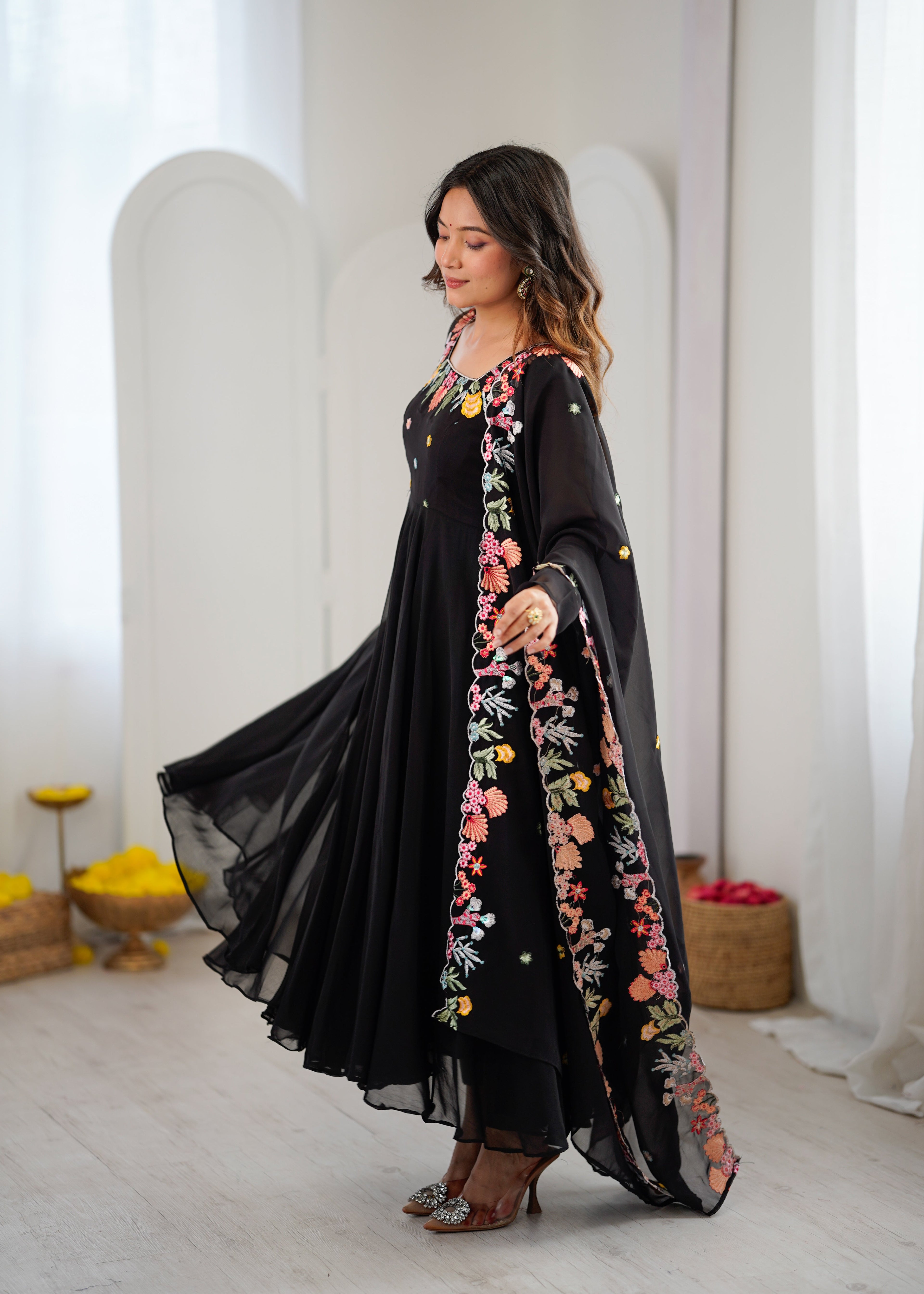 Black Anarkali suit with colorful embroidery