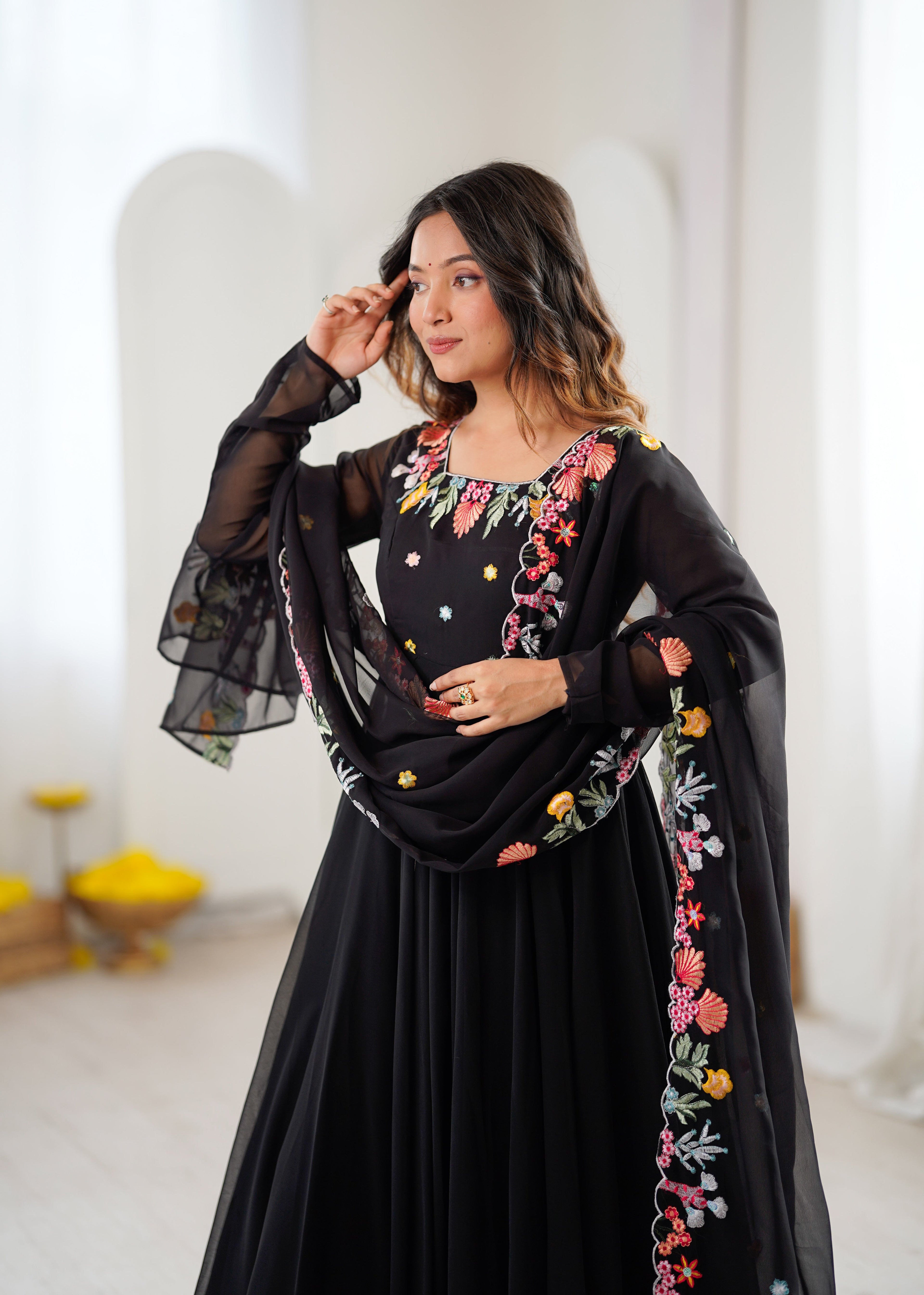 Black Anarkali suit with colorful embroidery