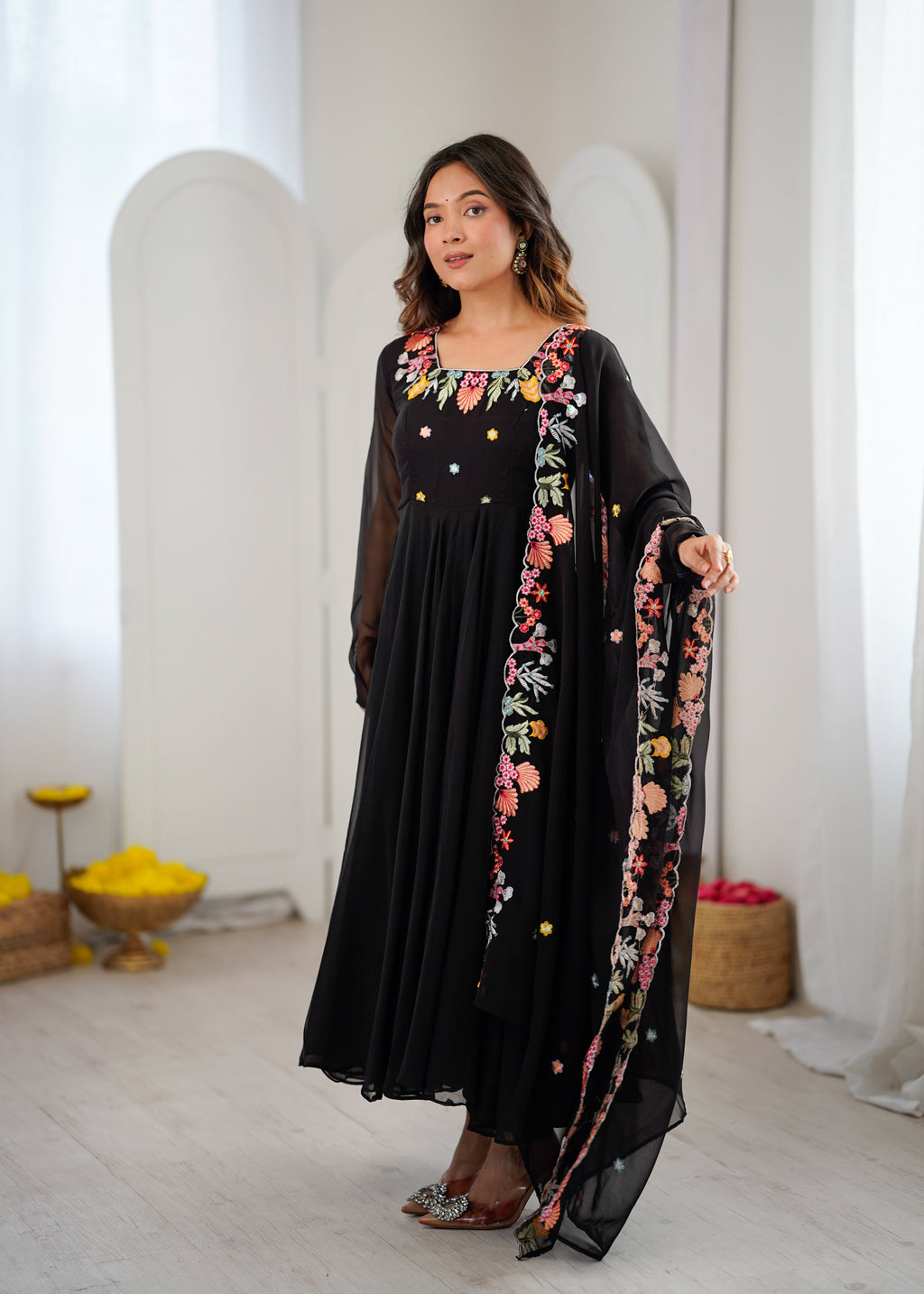 Black Anarkali suit with colorful embroidery
