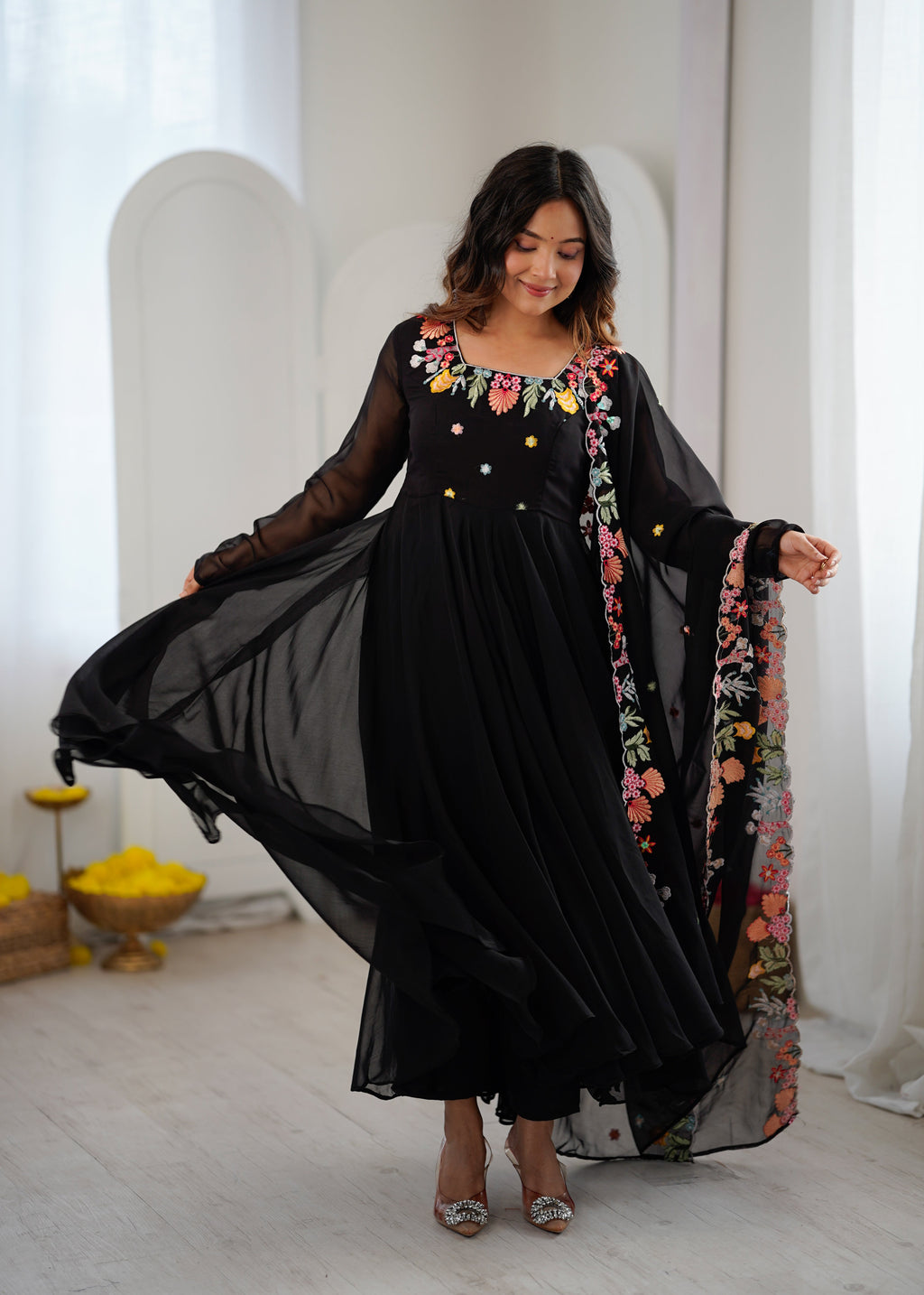 Black Anarkali suit with colorful embroidery
