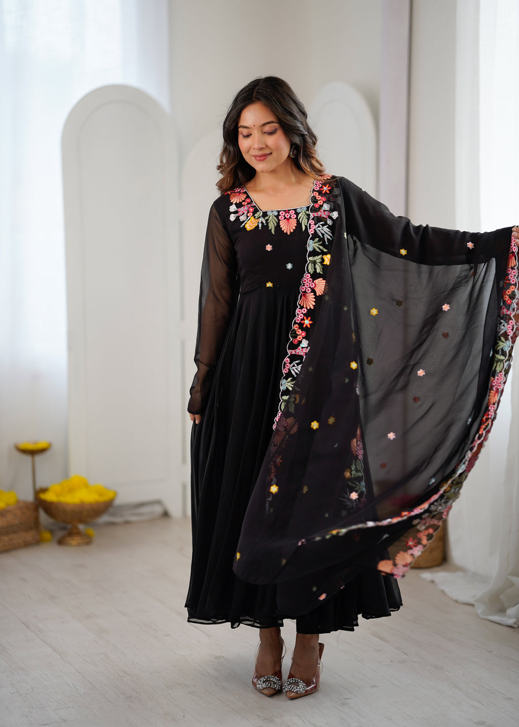 Black Anarkali suit with colorful embroidery