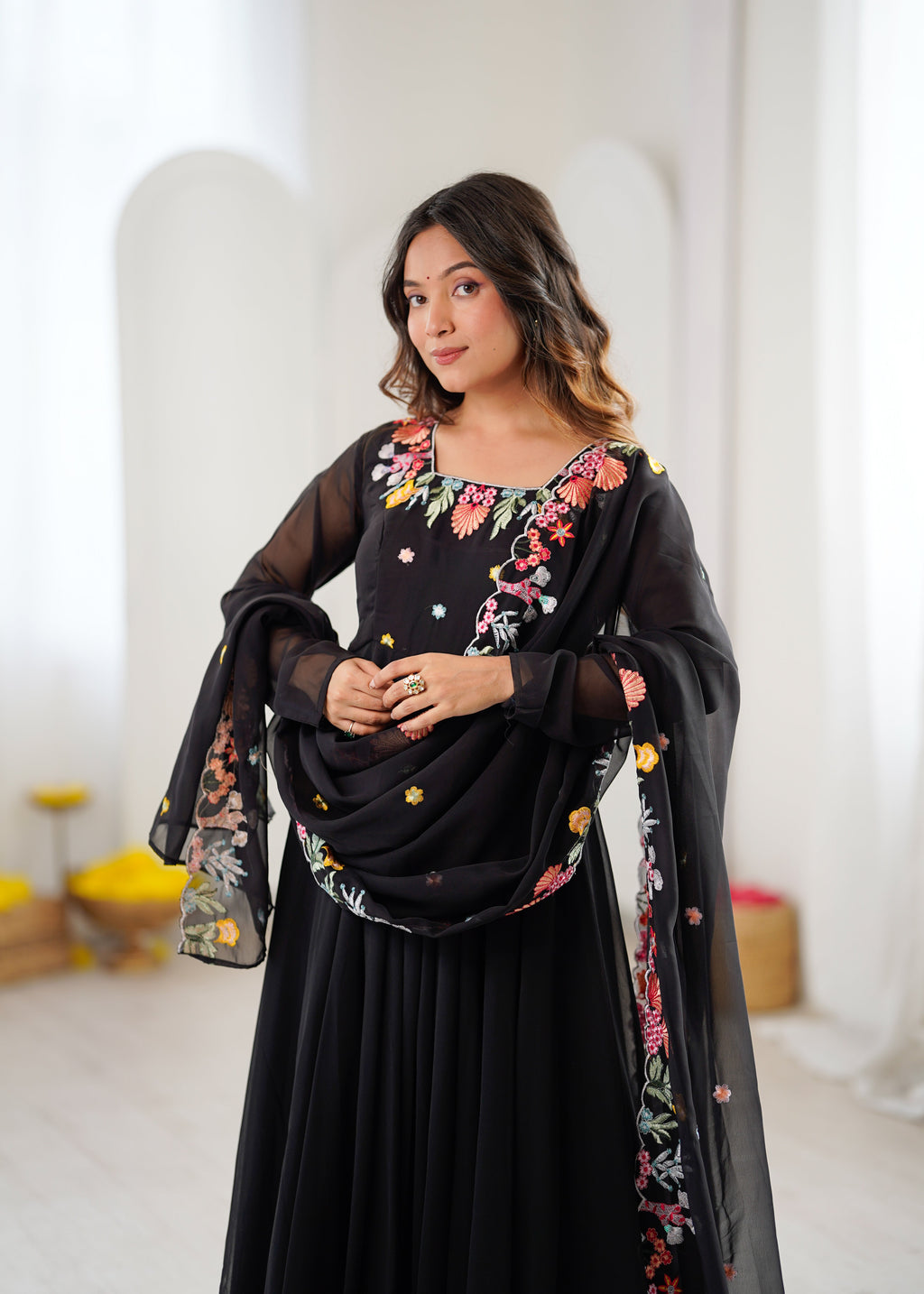 Black Anarkali suit with colorful embroidery