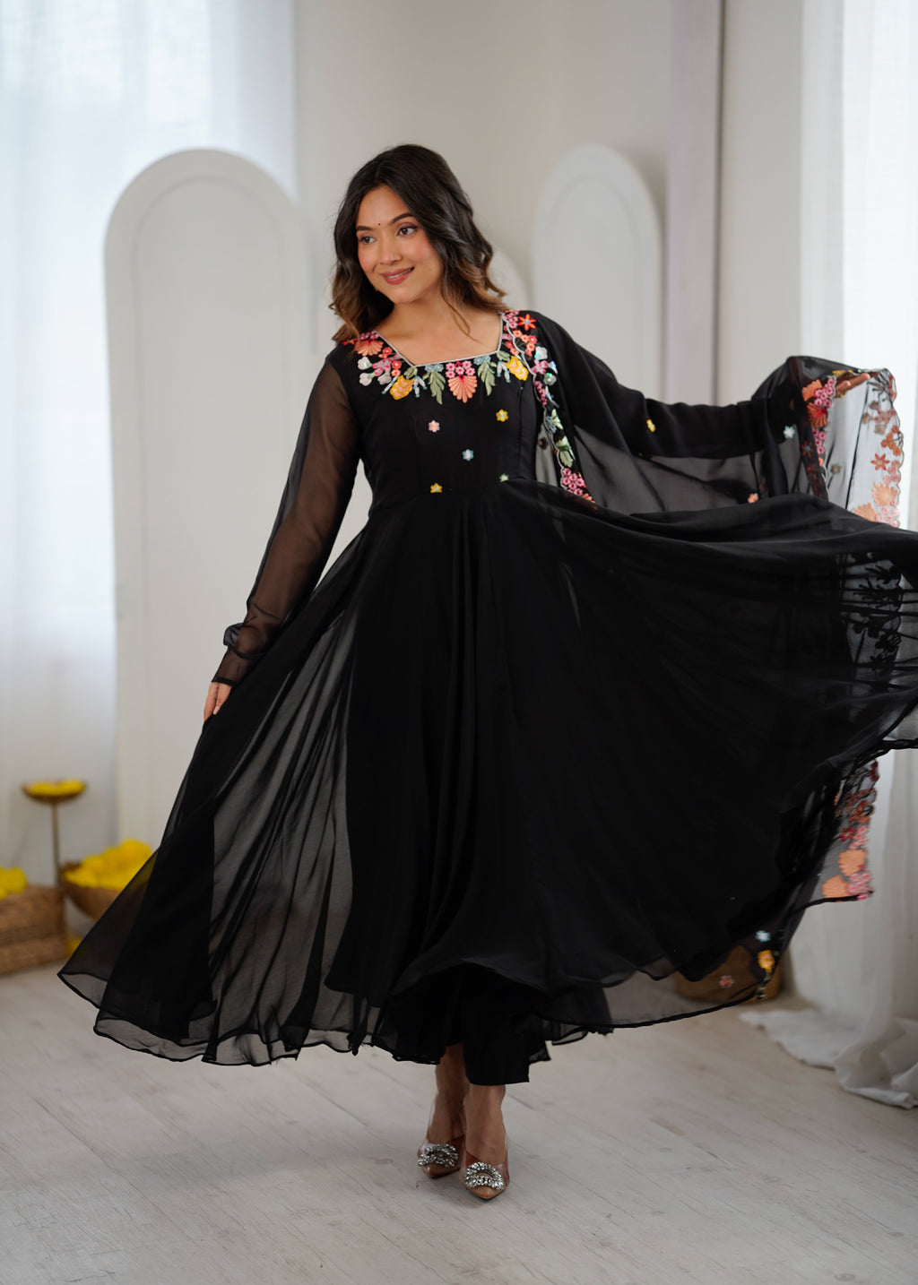 Black Anarkali suit with colorful embroidery