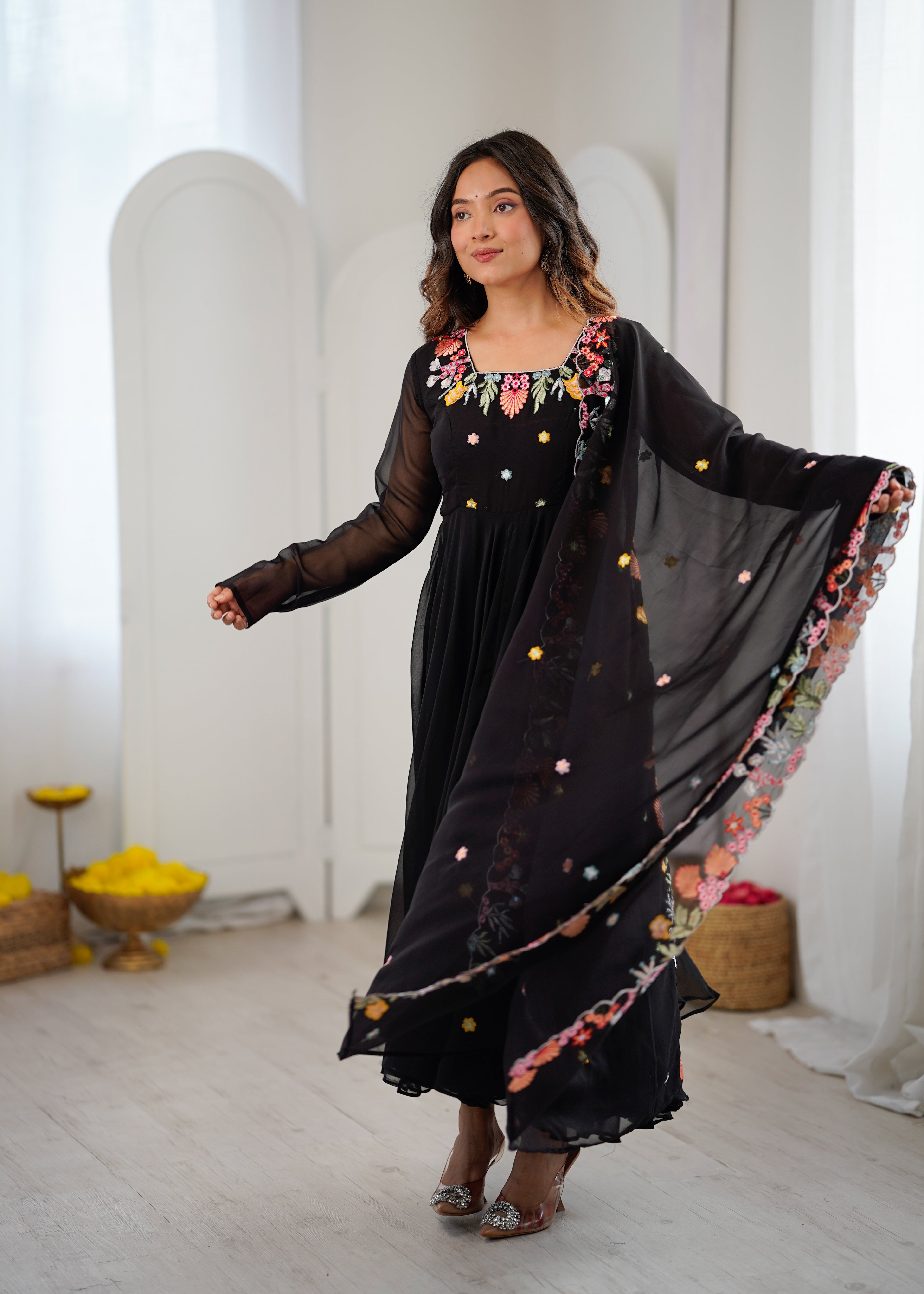 Black Anarkali suit with colorful embroidery
